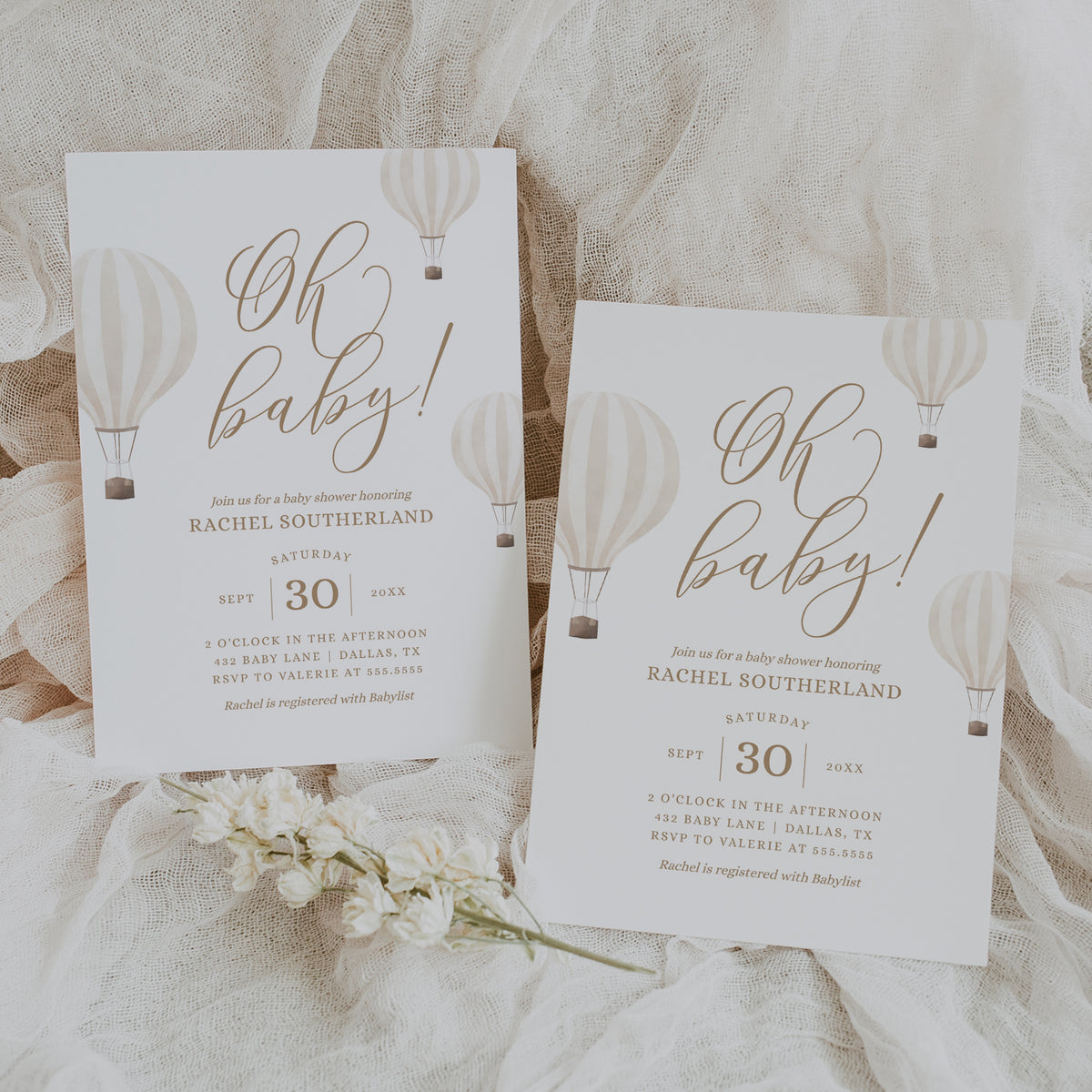 Editable Beige Hot Air Balloon Baby Shower Invitation Template