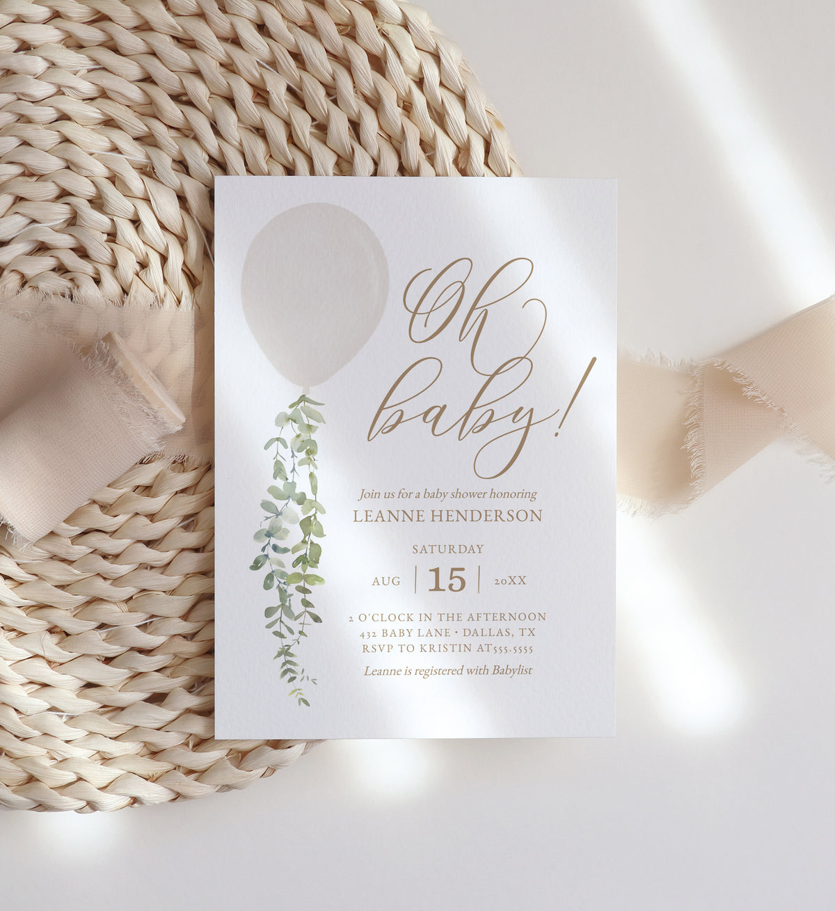 Editable White Balloon Baby Shower Invitation Template