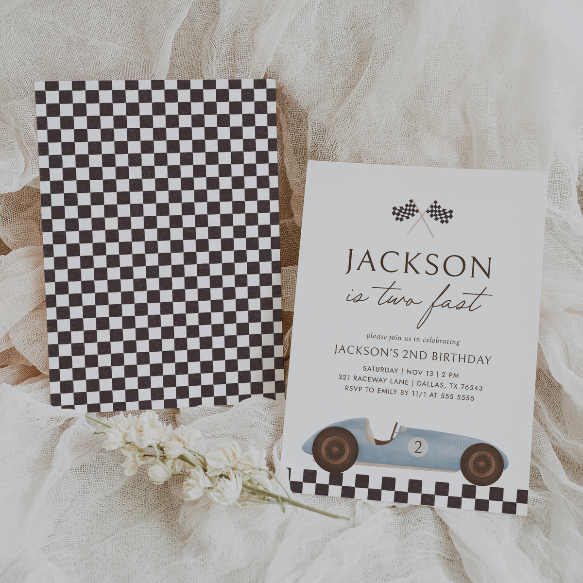 Editable Vintage Race Car 2nd Birthday Invitation Template