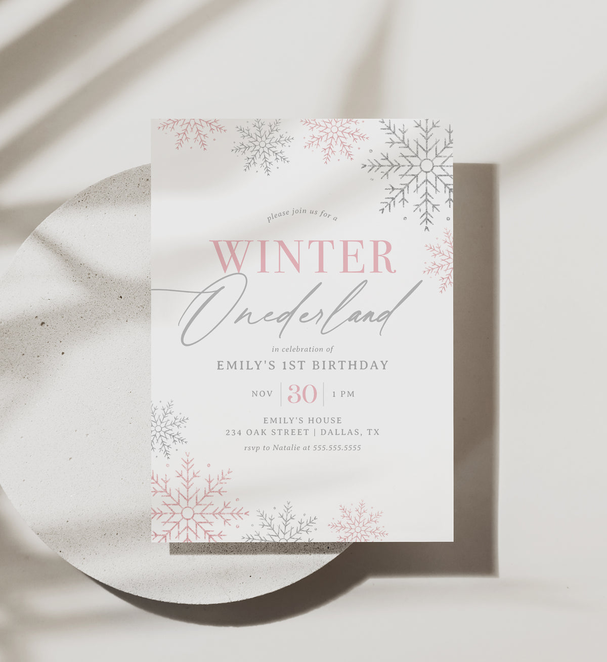 Editable Pink Winter Onederland Birthday Party Invitation Template