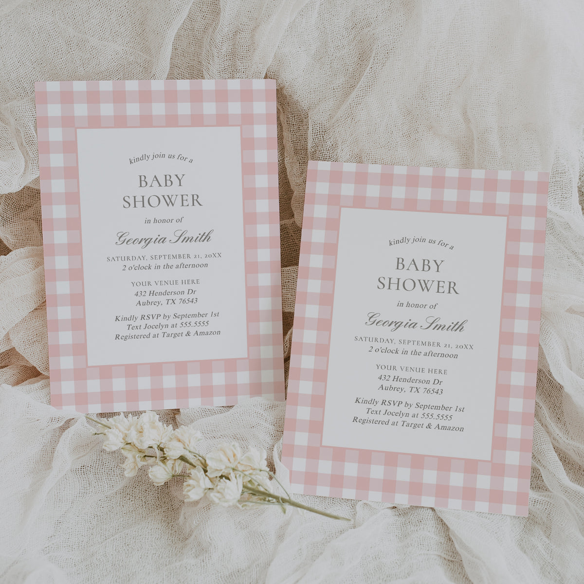 Editable Pink Gingham Baby Shower Invitation Template