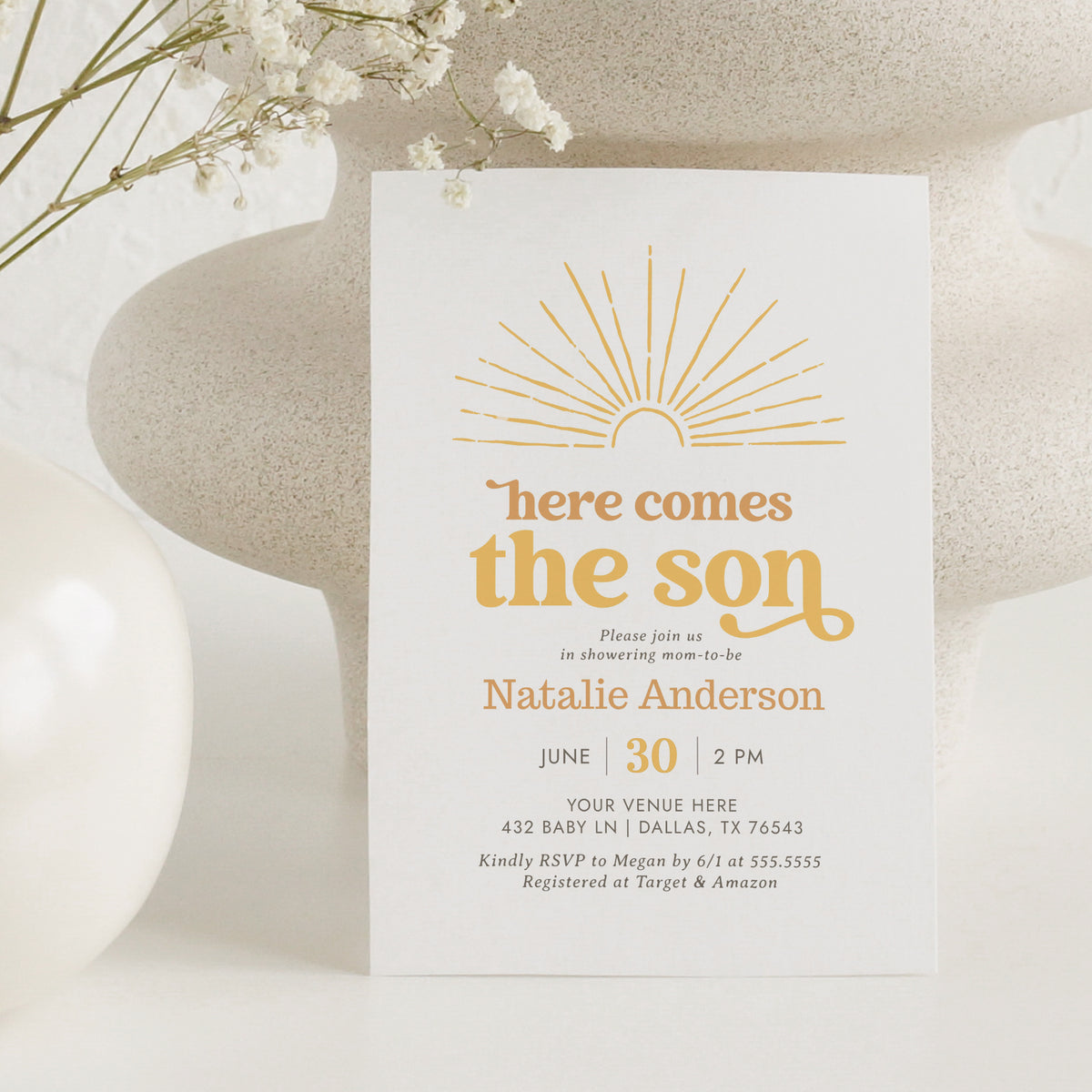 Editable Here Comes the Son Baby Shower Invitation Template