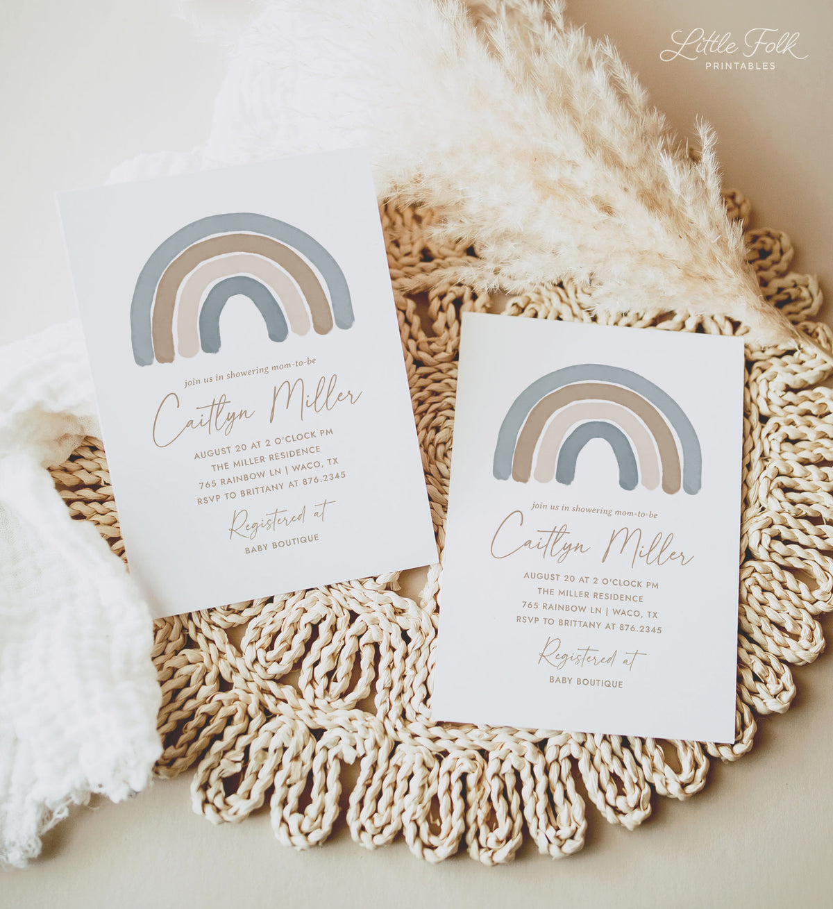 Blue Boho Rainbow Baby Shower Invitation