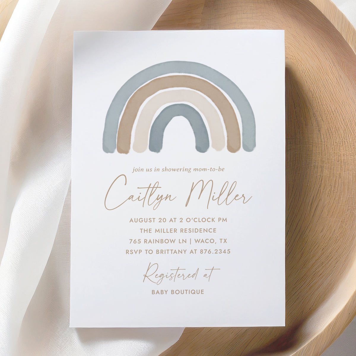 Blue Boho Rainbow Baby Shower Invitation