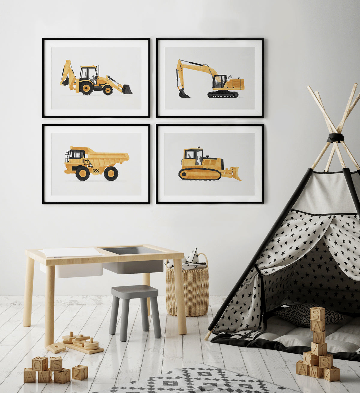 Construction Vehicles Set of 4 Horizontal Prints - Yellow