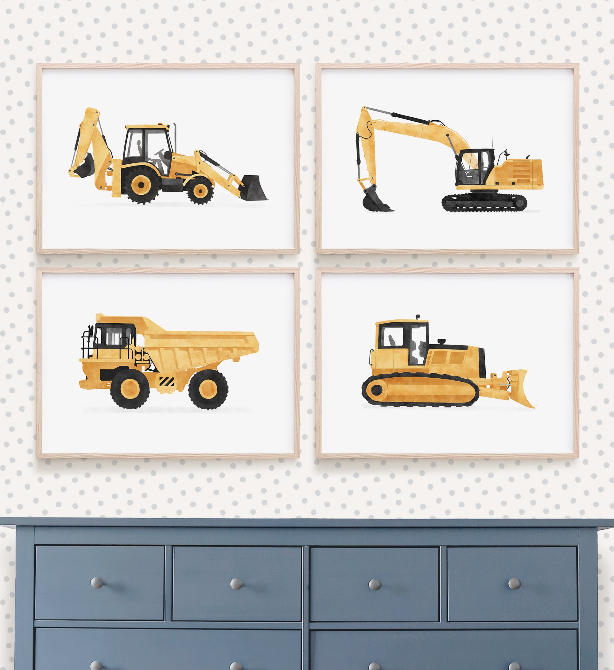 Construction Vehicles Set of 4 Horizontal Prints - Yellow