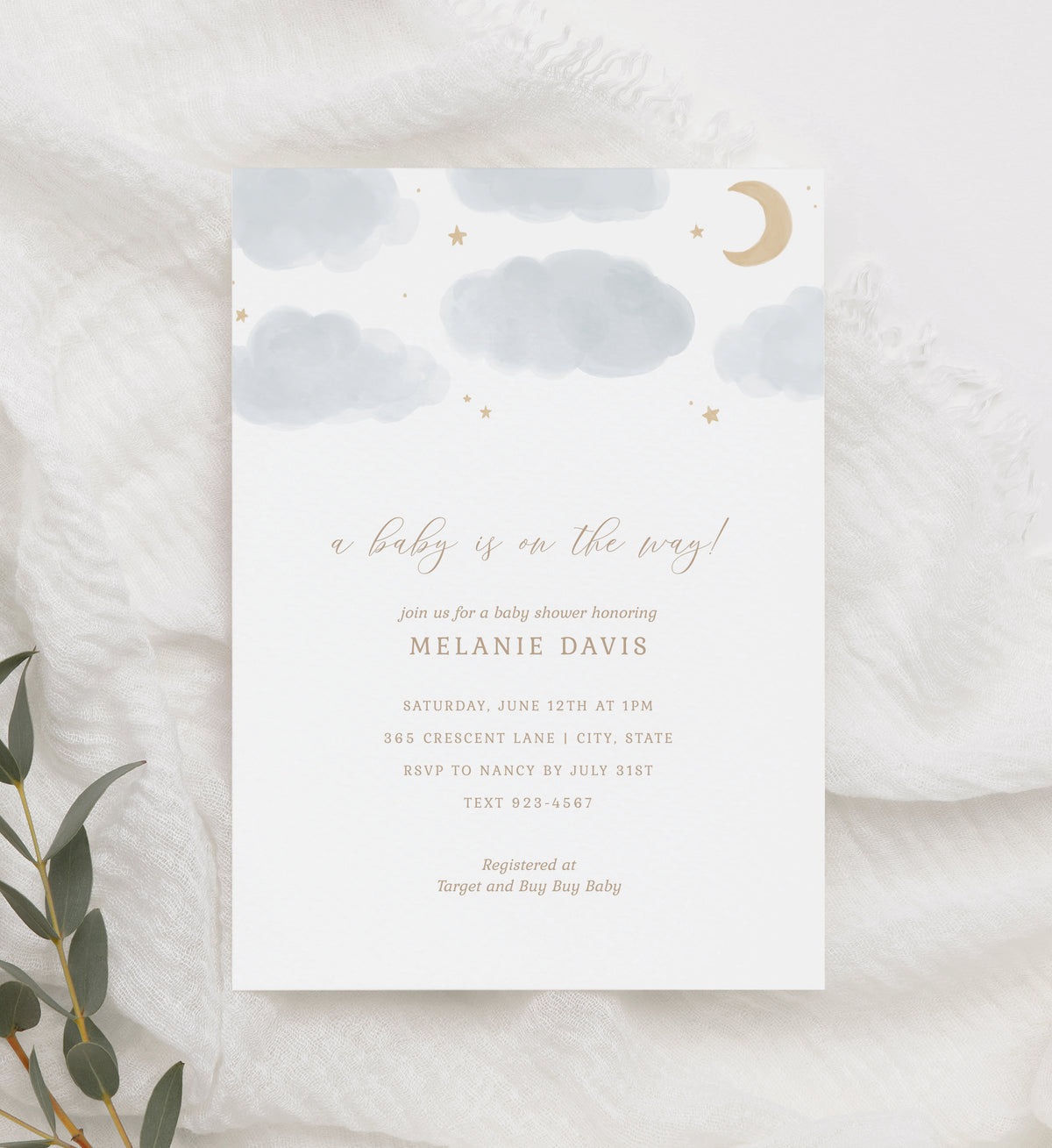 Editable Moon and Stars Baby Shower Invitation Template