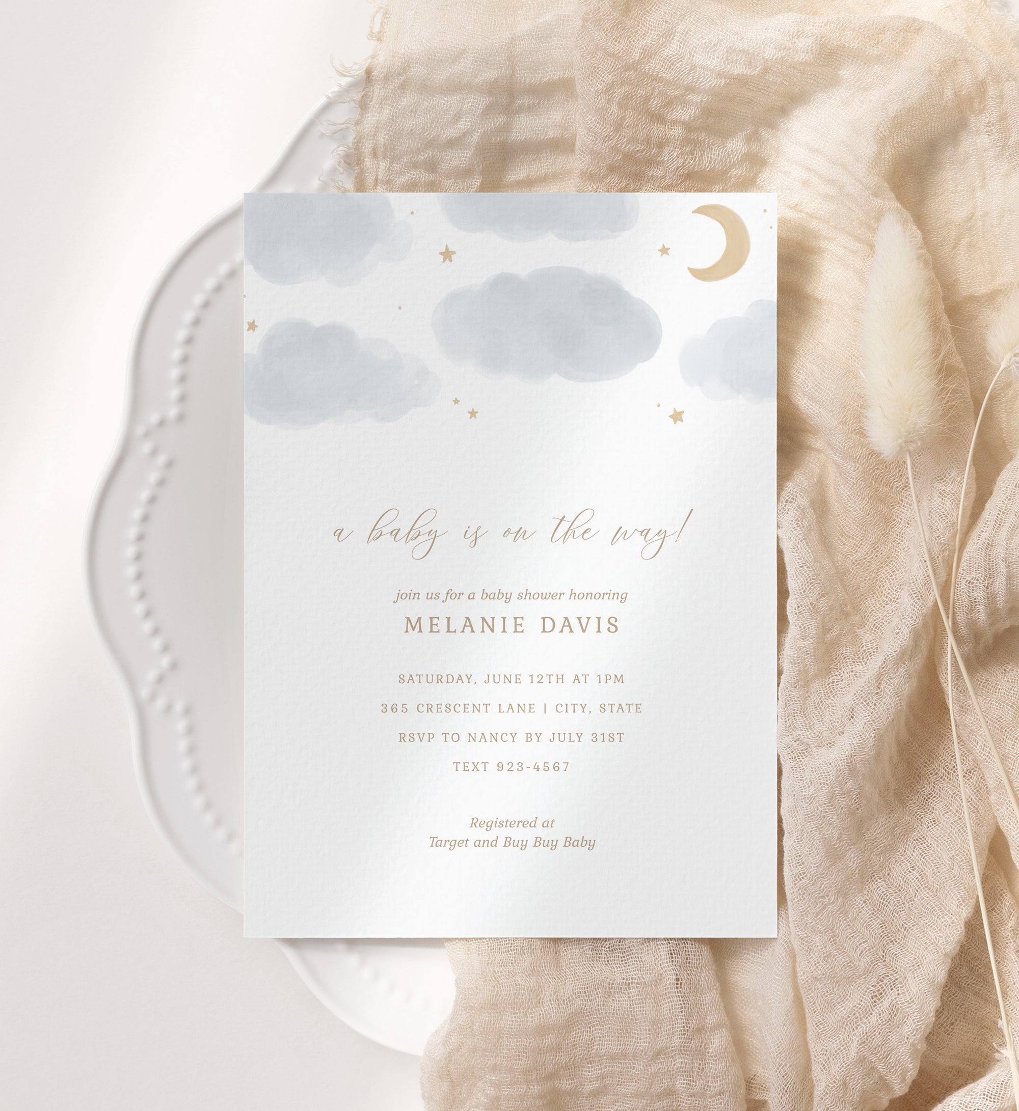 Editable Moon and Stars Baby Shower Invitation Template