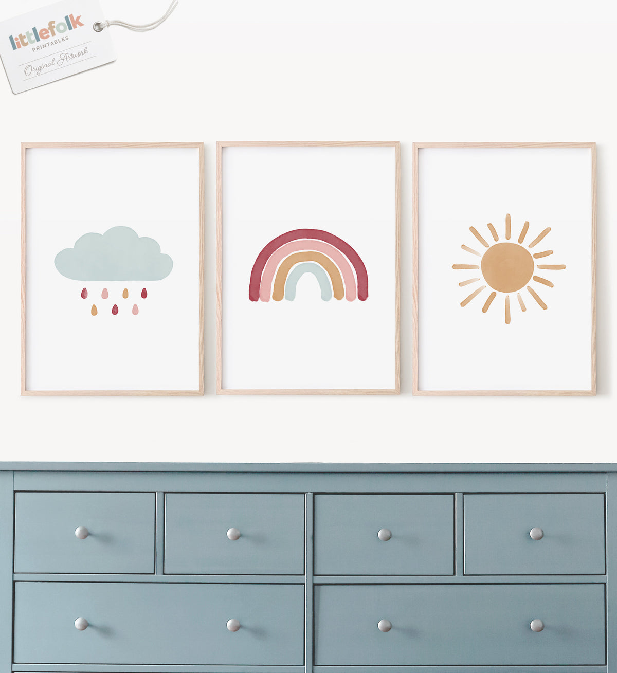 Rainbow, Cloud, and Sun Set of 3 Prints - Hot Pink