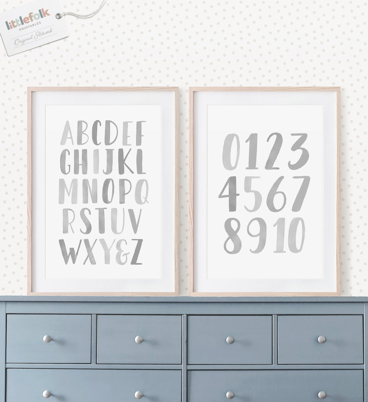 Alphabet and Numbers Set of 2 Prints - Gray