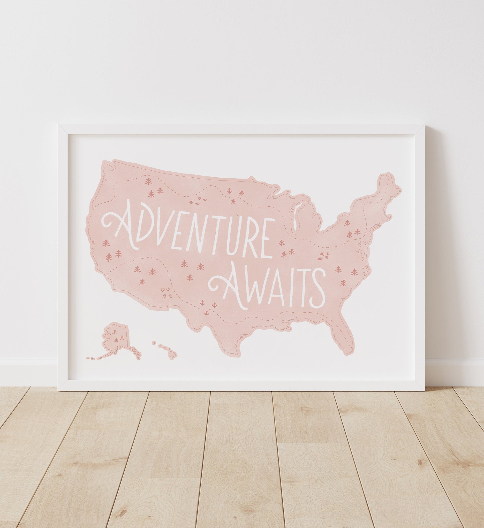 Adventure Awaits Map Print - Pink