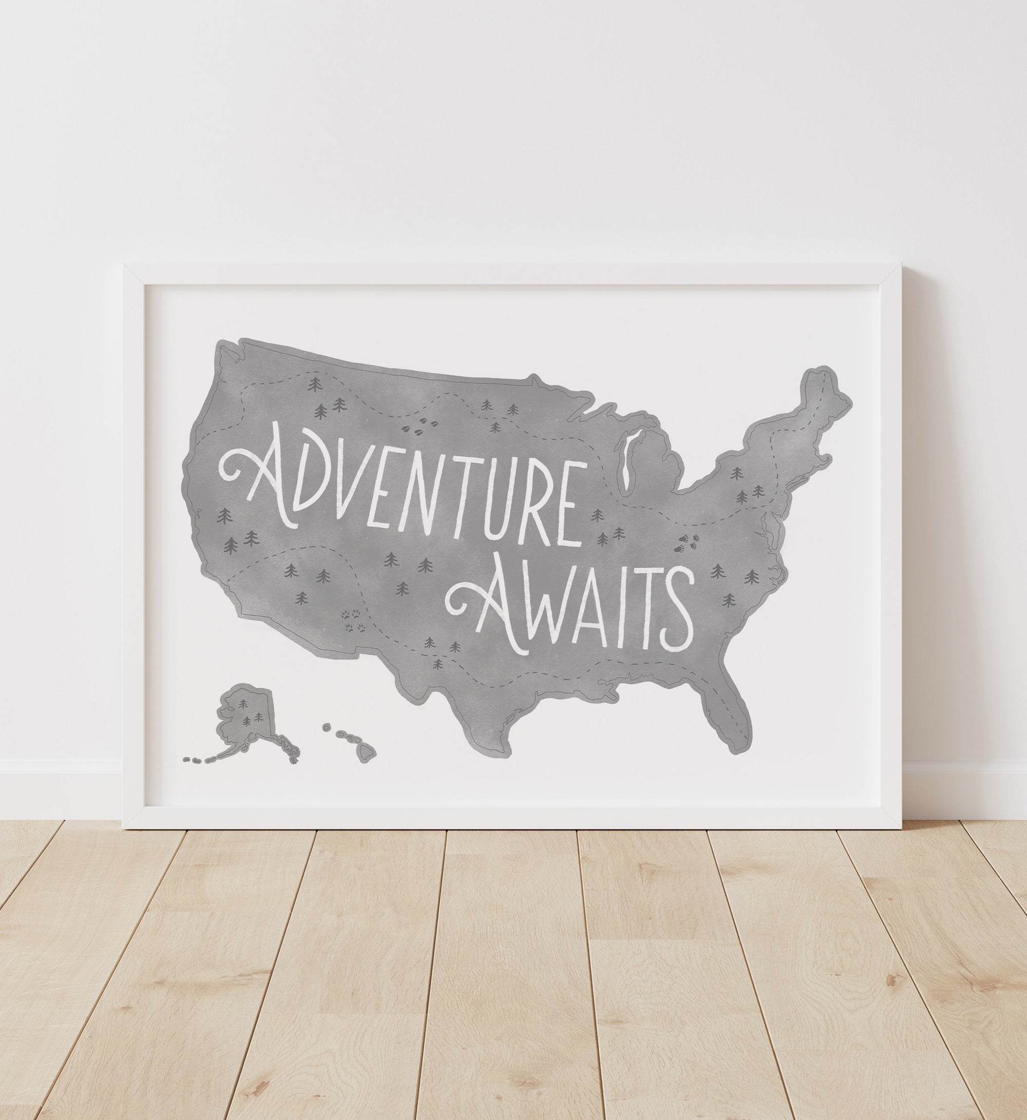 Adventure Awaits Map Print - Gray