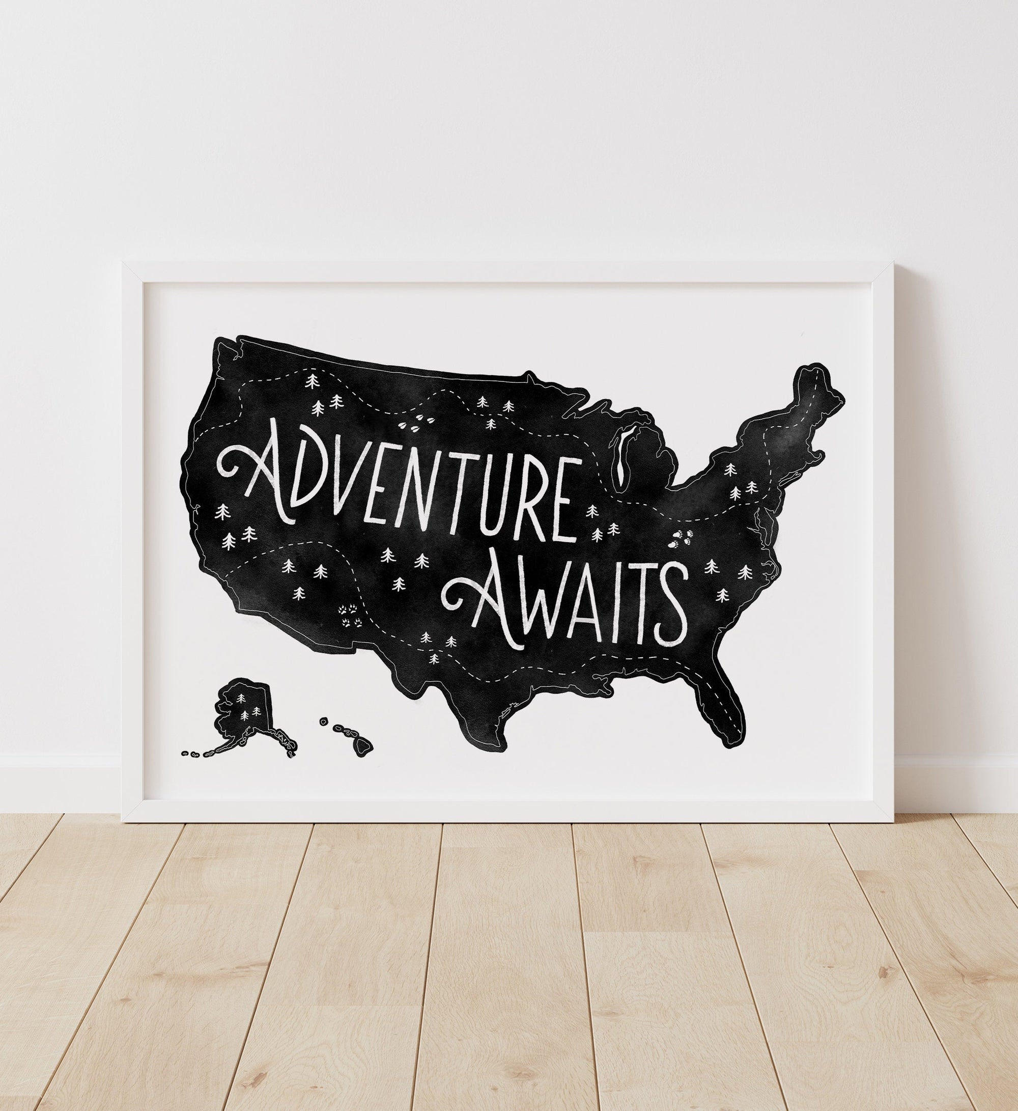 Adventure Awaits Map Print - Black