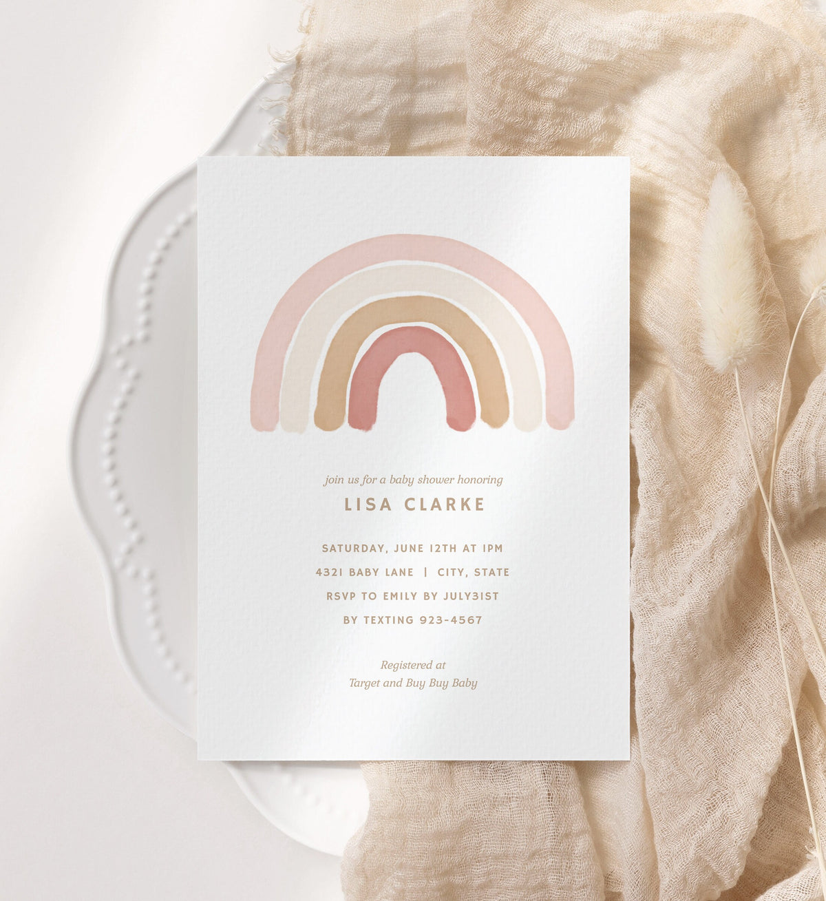 Rainbow Girl Baby Shower Invitation, Printable Invitation Template, Pink Boho Baby Shower Invite, DIGITAL DOWNLOAD