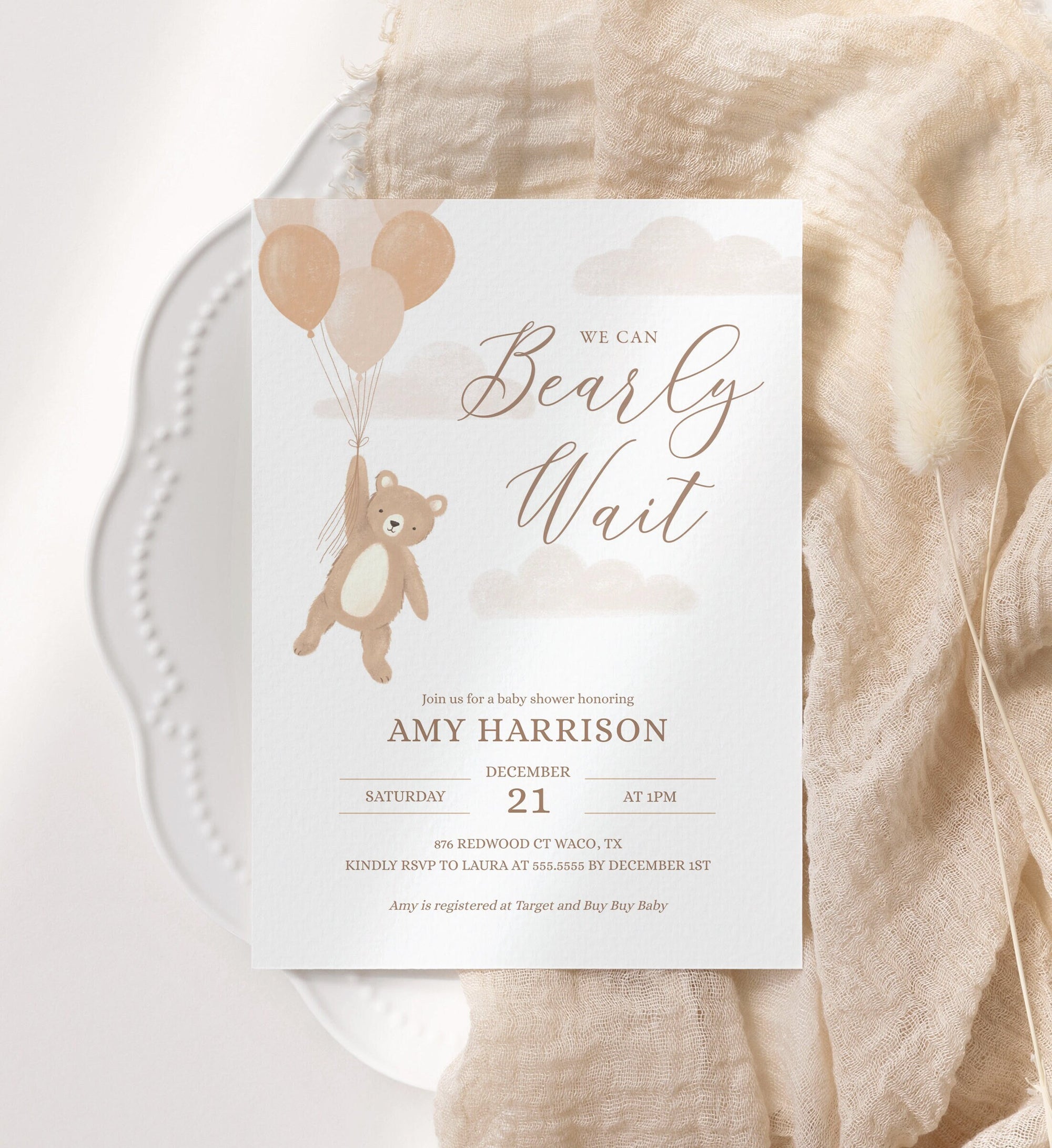 We Can Bearly Wait Baby Shower Invitation, Teddy Bear Balloon Baby Shower Invite, Printable Invitation Template, DIGITAL DOWNLOAD