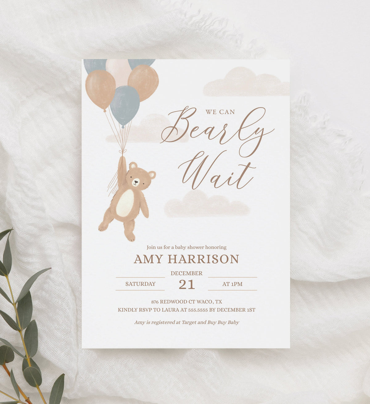 We Can Bearly Wait Baby Shower Invitation, Teddy Bear Balloon Boy Baby Shower Invite, Printable Invitation Template, DIGITAL DOWNLOAD
