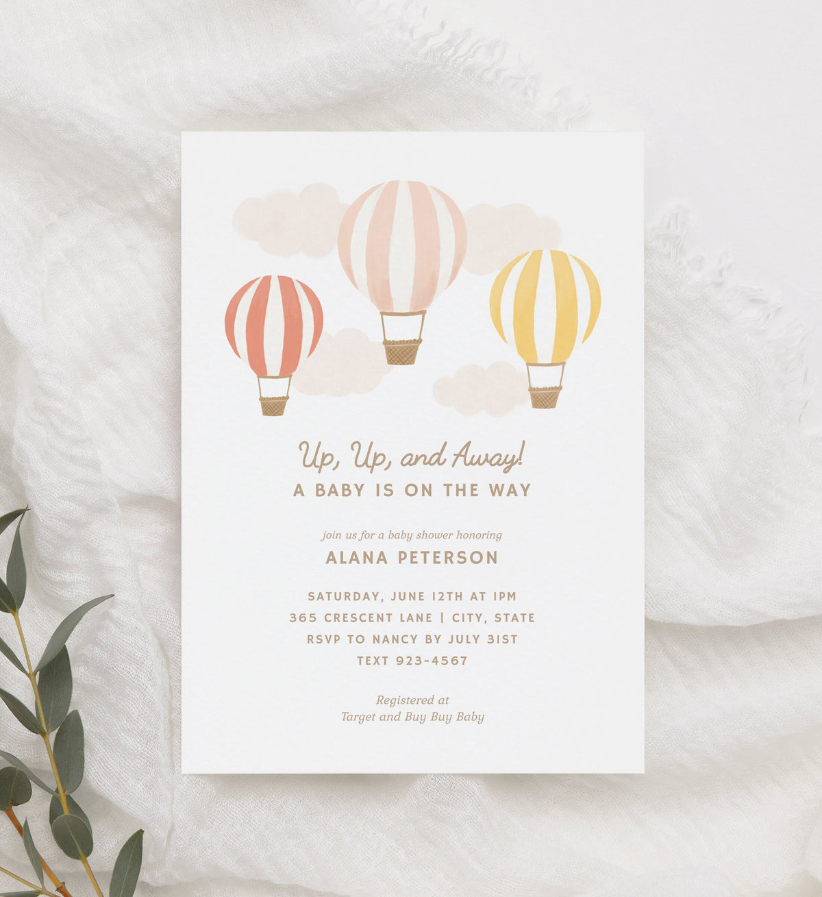 Hot Air Balloon Baby Shower Invitation, Girl Baby Shower, Printable Invitation Template, Travel Baby Shower Invite, DIGITAL DOWNLOAD