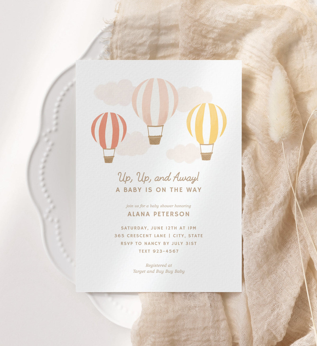 Hot Air Balloon Baby Shower Invitation, Girl Baby Shower, Printable Invitation Template, Travel Baby Shower Invite, DIGITAL DOWNLOAD