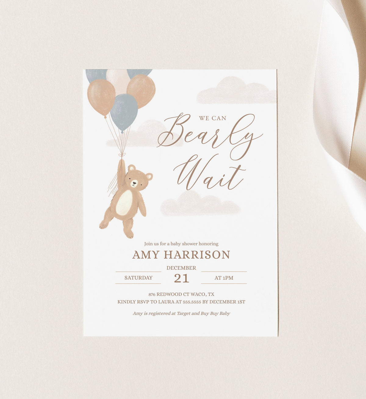 We Can Bearly Wait Baby Shower Invitation, Teddy Bear Balloon Boy Baby Shower Invite, Printable Invitation Template, DIGITAL DOWNLOAD