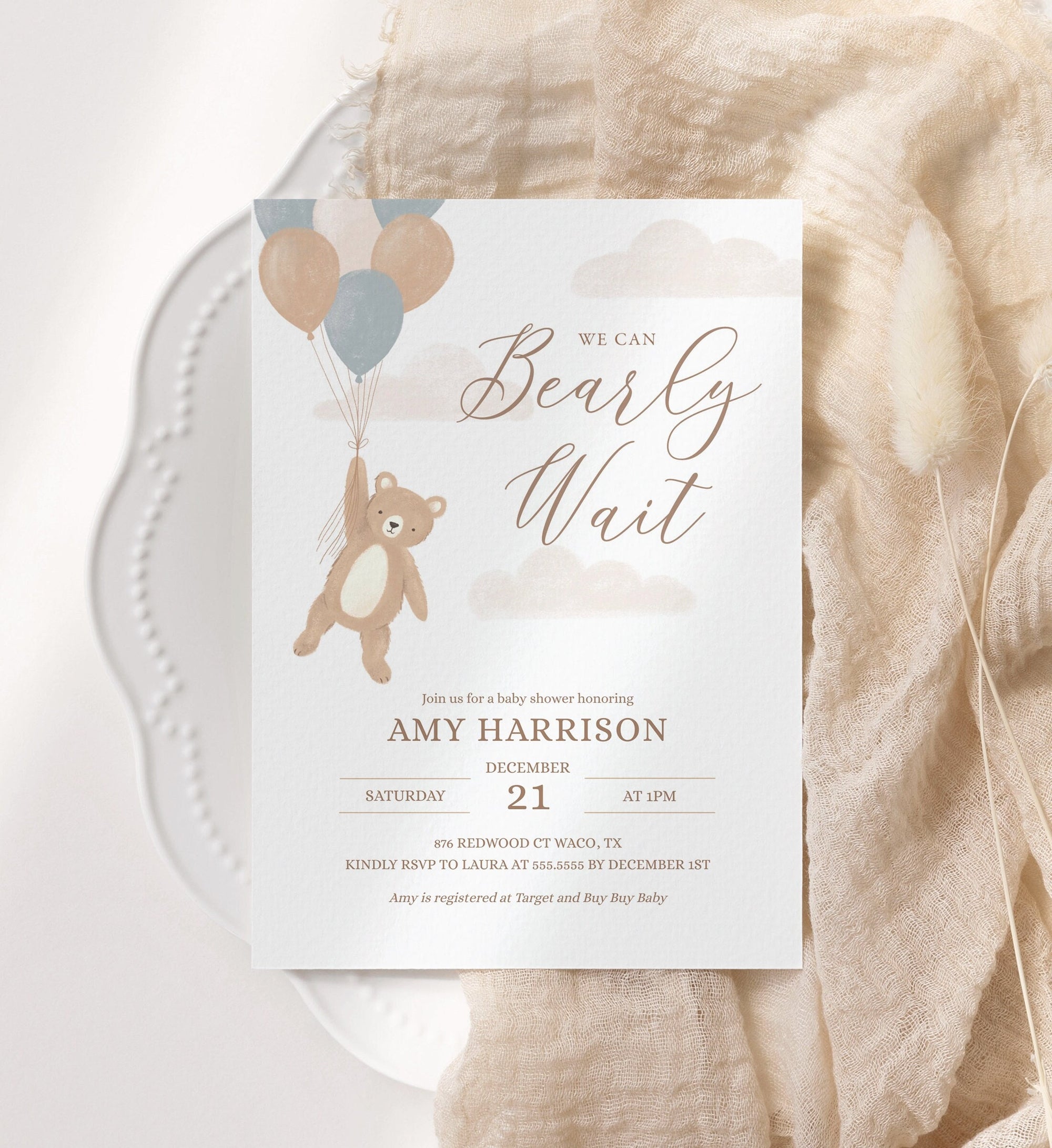 We Can Bearly Wait Baby Shower Invitation, Teddy Bear Balloon Boy Baby Shower Invite, Printable Invitation Template, DIGITAL DOWNLOAD