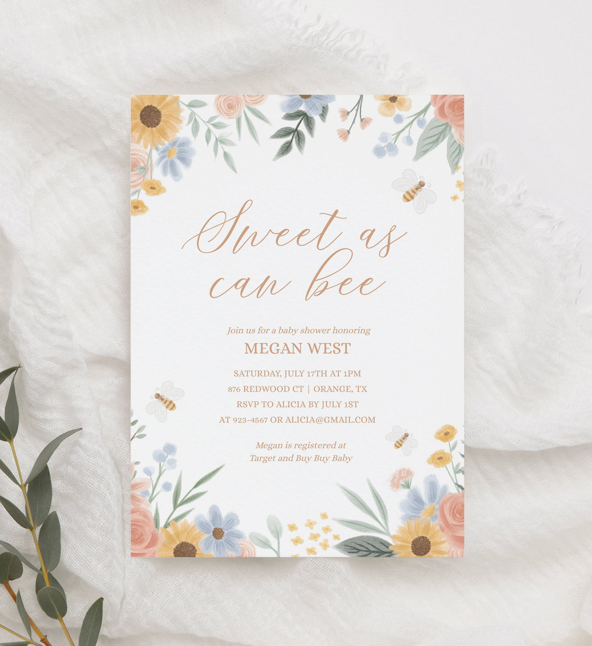 Sweet as Can Bee Baby Shower Invitation, Bee Baby Shower Invite, Printable Invitation Template, Floral Girl Baby Shower, DIGITAL DOWNLOAD