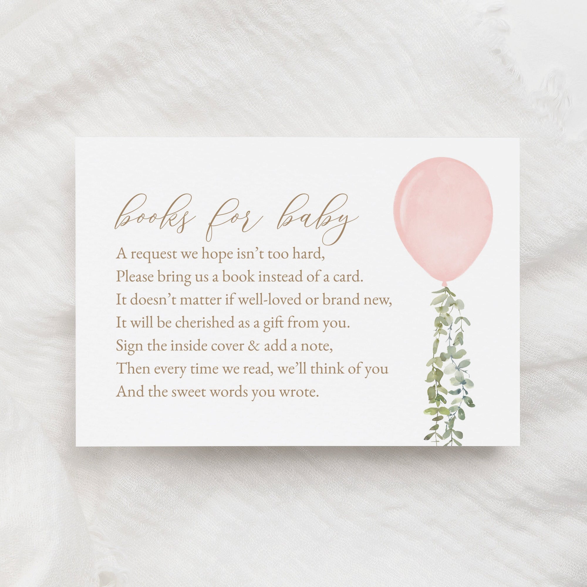 Pink Balloon Books for Baby Card Template, Watercolor Balloon Baby Shower Book Request Insert, Printable Template, DIGITAL DOWNLOAD