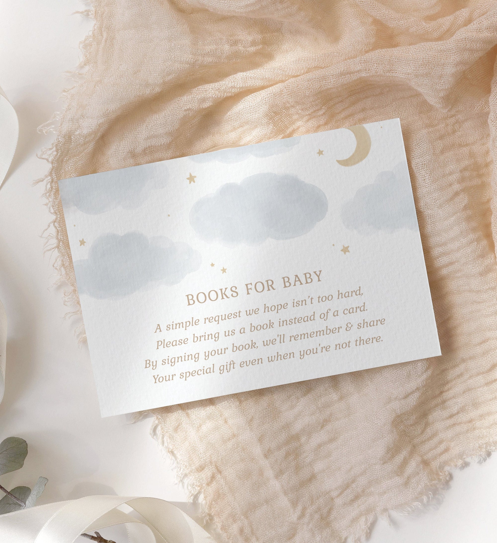 Moon and Stars Books for Baby Card Template, Watercolor Clouds Baby Shower Book Request Insert, Printable Template, DIGITAL DOWNLOAD