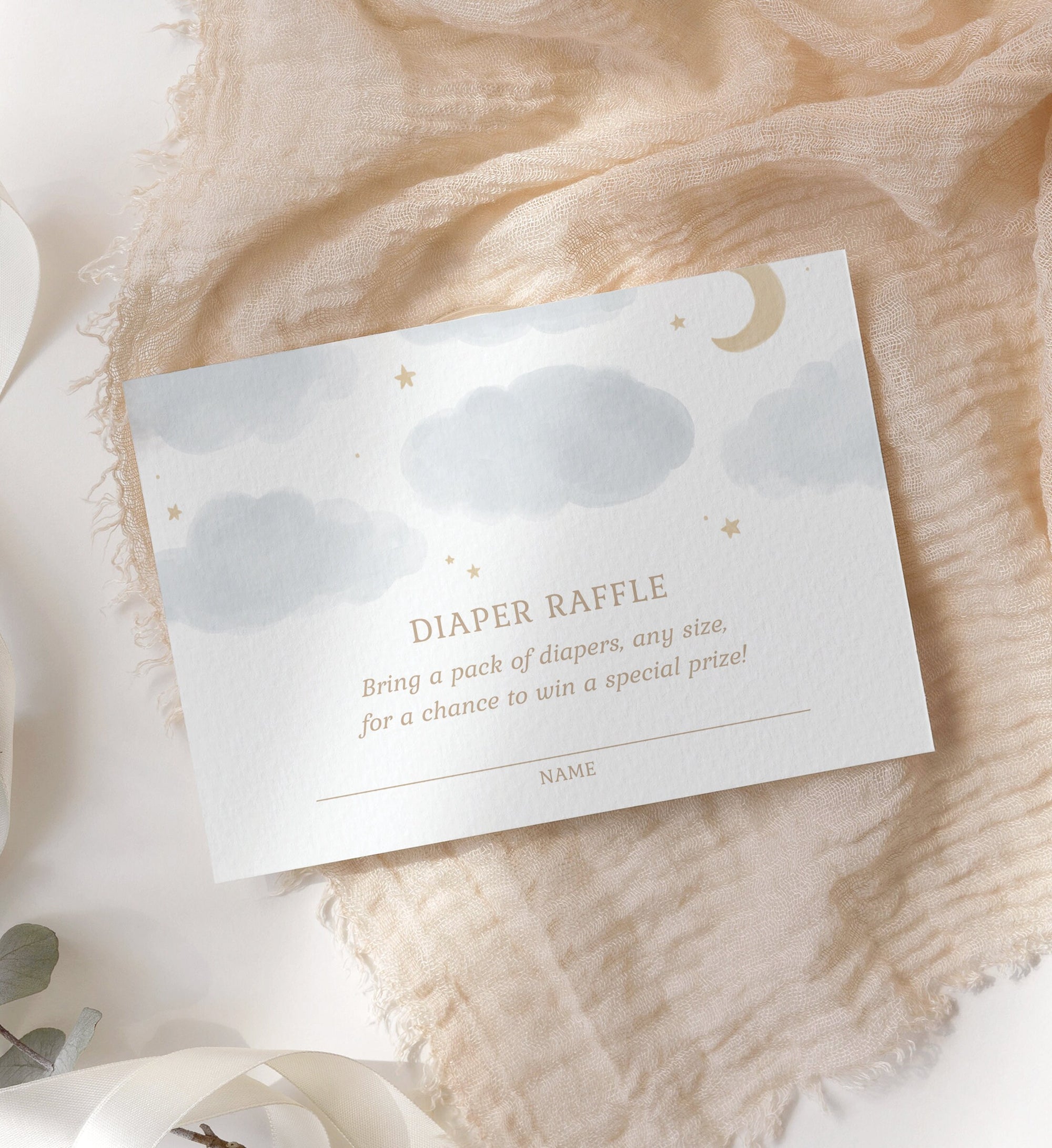 Moon and Stars Diaper Raffle Ticket Template, Watercolor Clouds Baby Shower Diaper Raffle Card Insert, Printable Template, DIGITAL DOWNLOAD