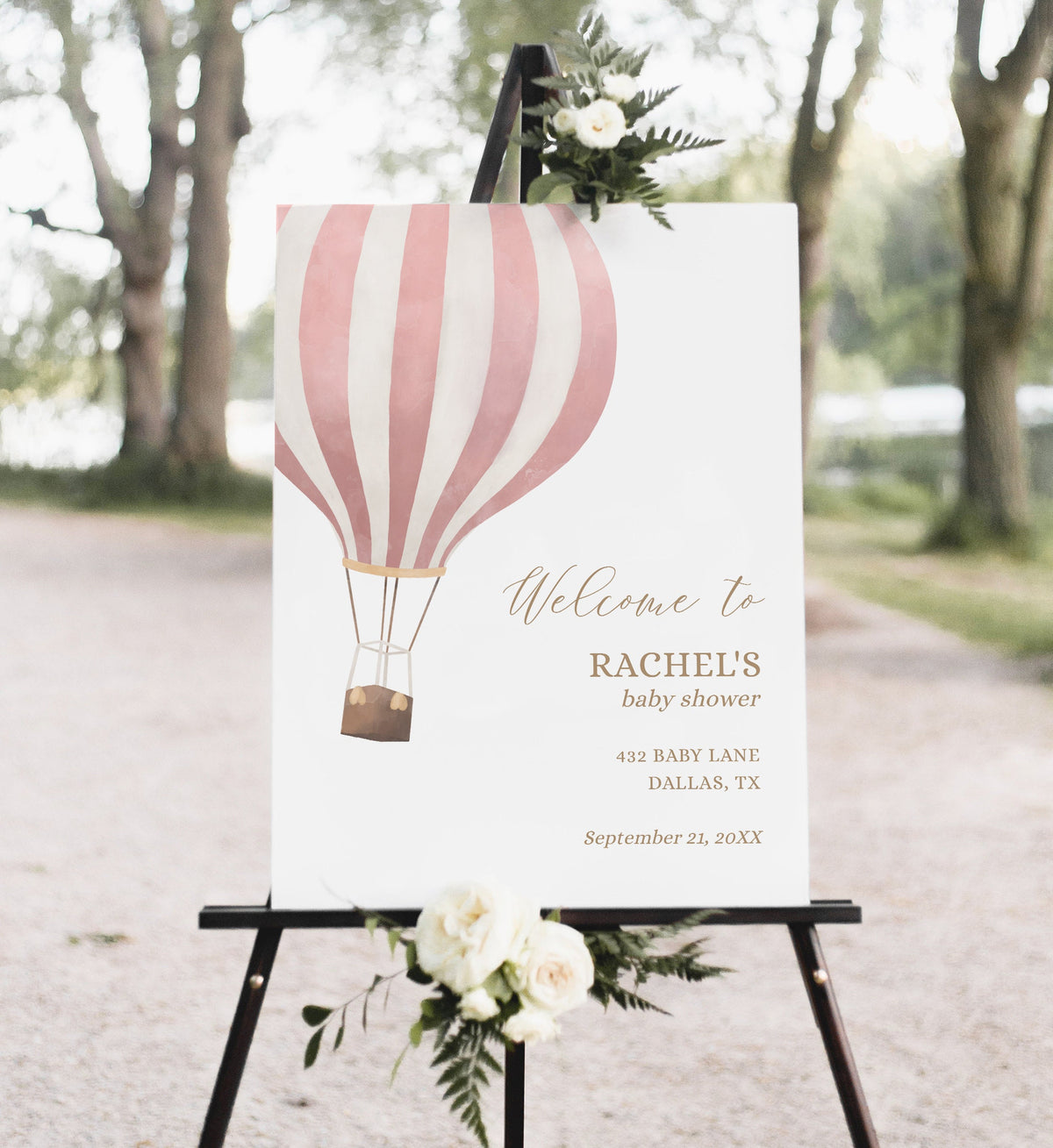 Pink Hot Air Balloon Baby Shower Welcome Sign, Girl Baby Shower Welcome Sign Template, Adventure Awaits, DIGITAL DOWNLOAD