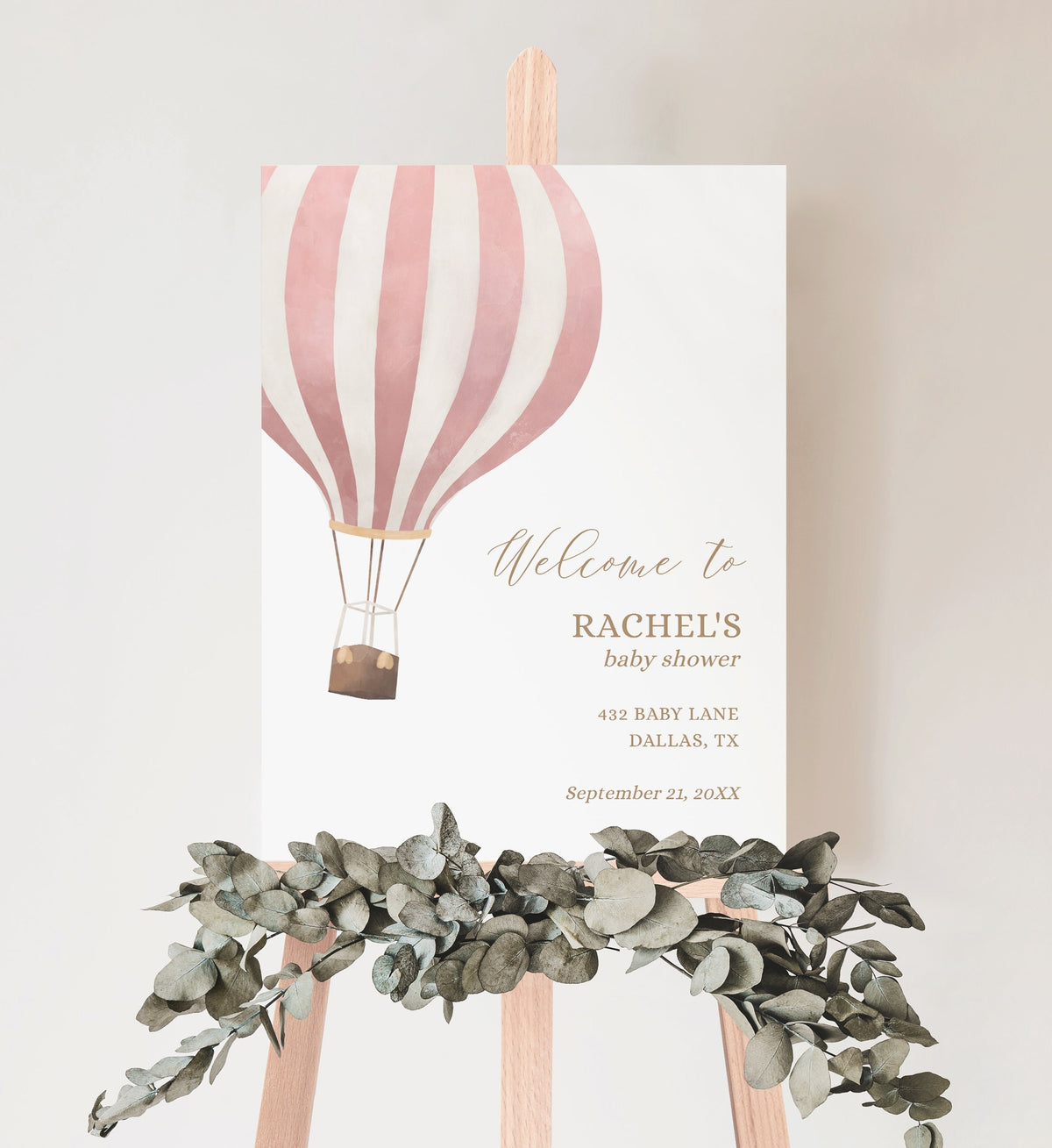 Pink Hot Air Balloon Baby Shower Welcome Sign, Girl Baby Shower Welcome Sign Template, Adventure Awaits, DIGITAL DOWNLOAD