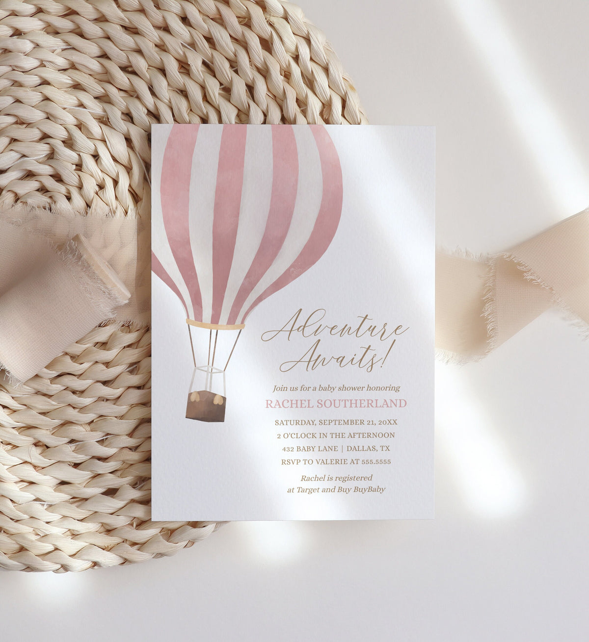 Pink Hot Air Balloon Baby Shower Invitation, Girl Baby Shower Invite, Adventure Awaits, Printable Invitation Template, DIGITAL DOWNLOAD