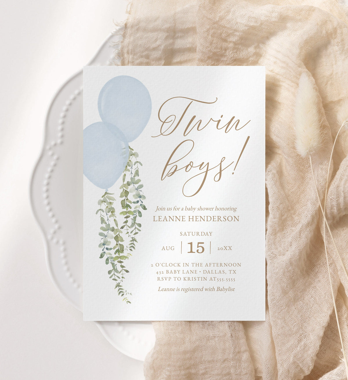 Twin Boys Balloon Baby Shower Invitation, Blue Watercolor Balloon Baby Shower Invite, Printable Invitation Template, DIGITAL DOWNLOAD
