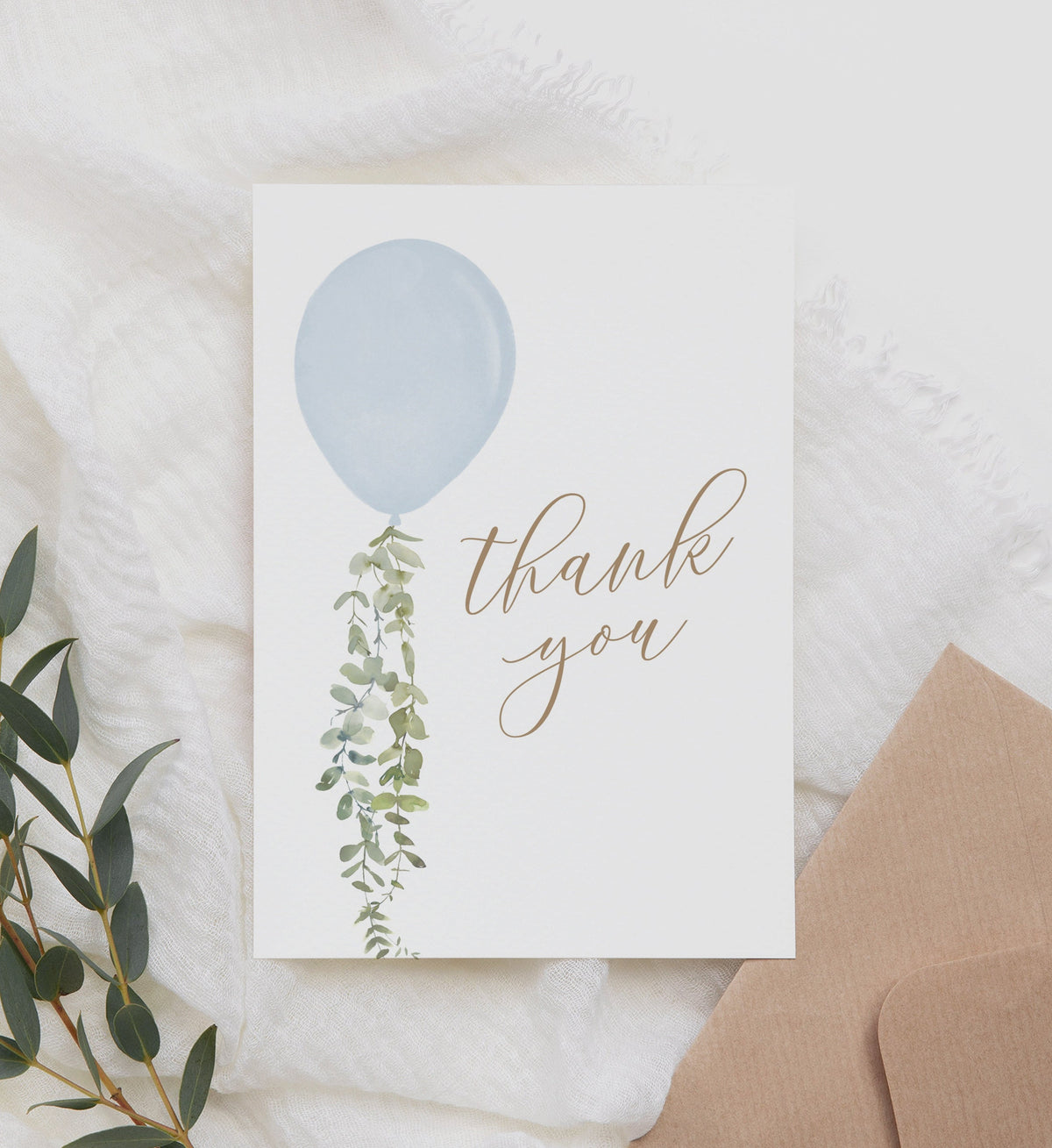 Editable Blue Balloon Baby Shower Thank You Card Template, Printable Folded Thank You Card, DIGITAL DOWNLOAD