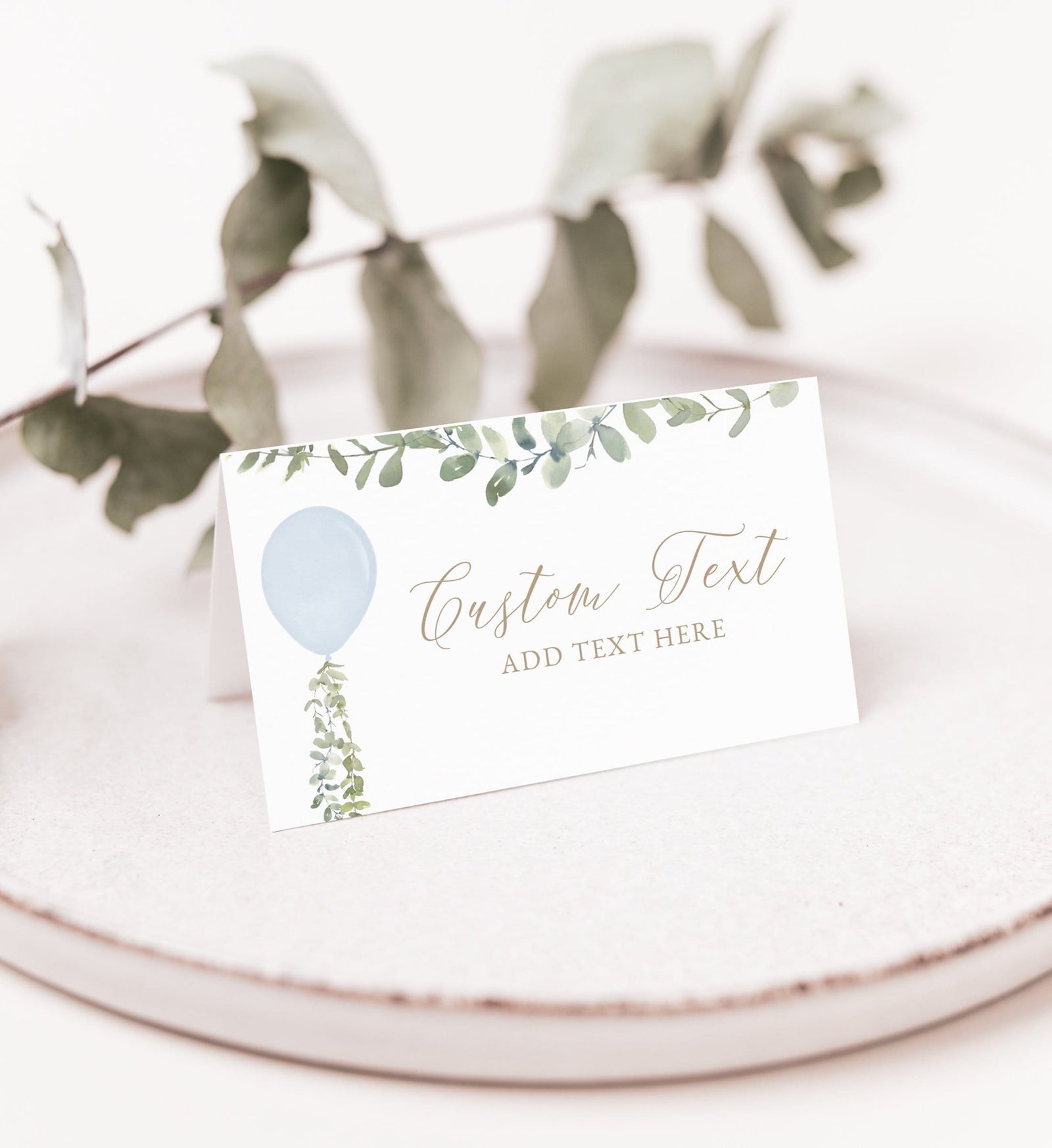 Editable Blue Balloon Baby Shower Place Card Template, Printable Watercolor Balloon Baby Shower Tent Card, DIGITAL DOWNLOAD