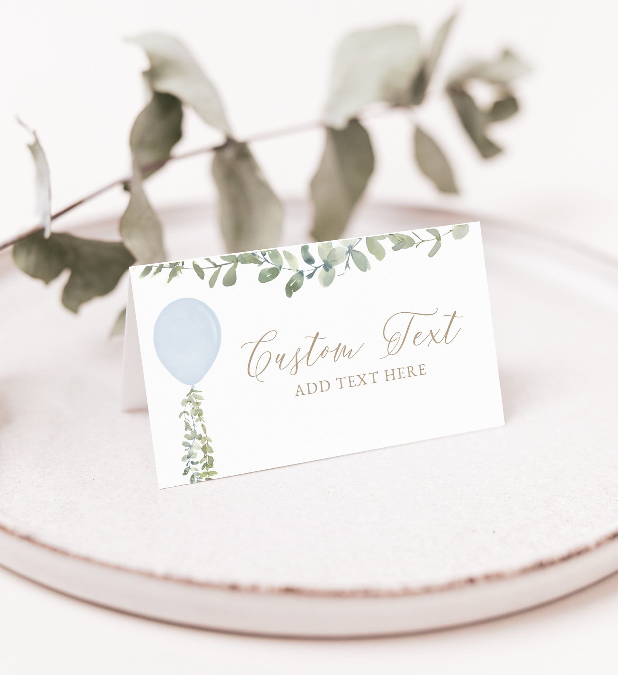 Editable Blue Balloon Baby Shower Place Card Template, Printable Watercolor Balloon Baby Shower Tent Card, DIGITAL DOWNLOAD