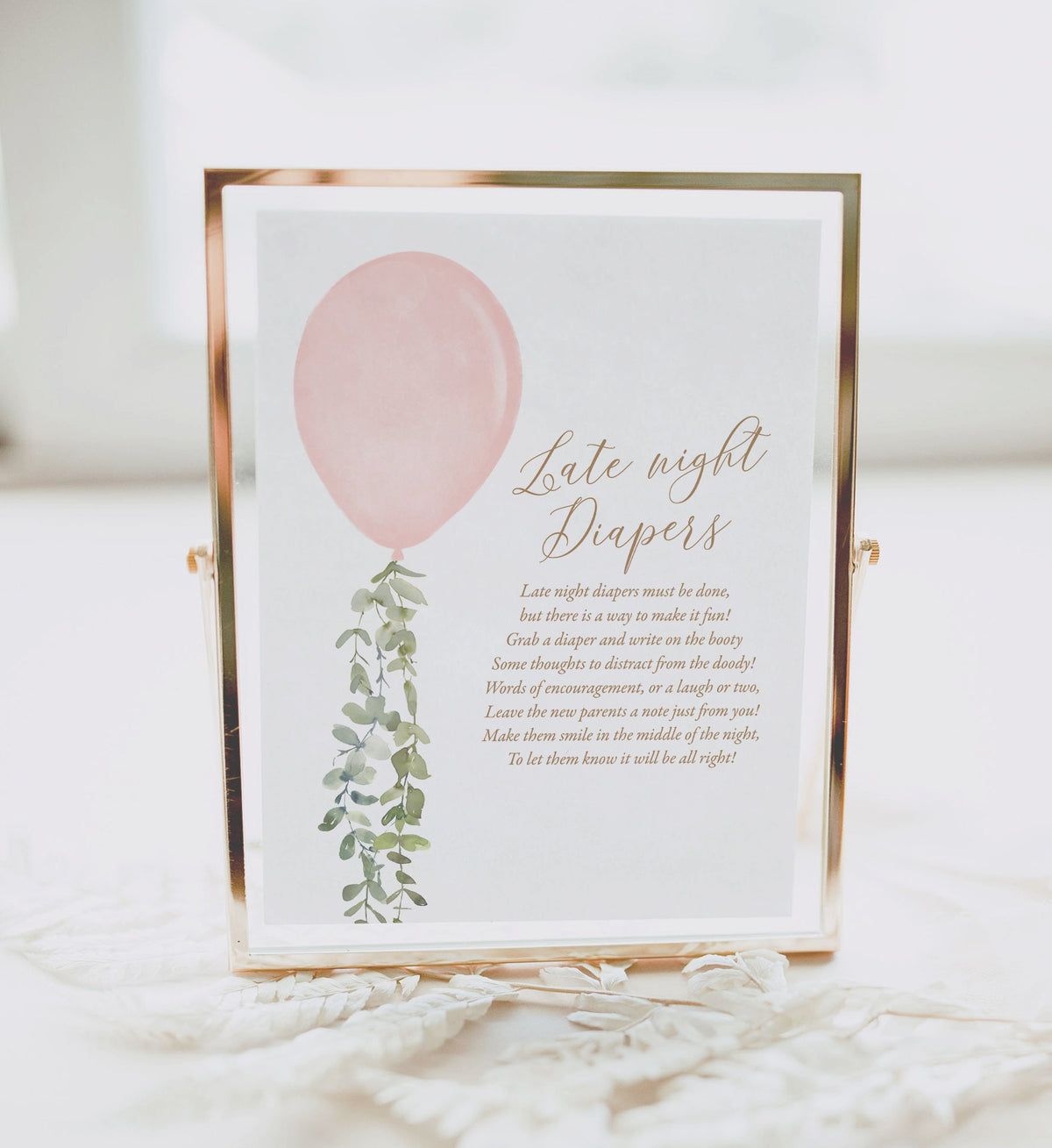 Late Night Diapers Pink Balloon Baby Shower Sign, Printable Watercolor Balloon Baby Shower Game, DIGITAL DOWNLOAD