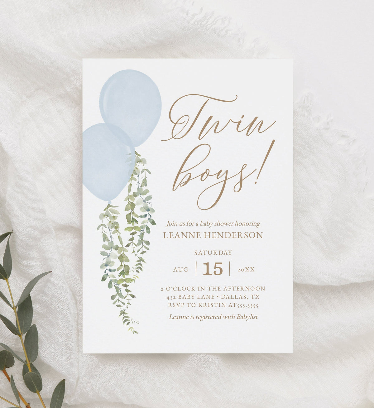 Twin Boys Balloon Baby Shower Invitation, Blue Watercolor Balloon Baby Shower Invite, Printable Invitation Template, DIGITAL DOWNLOAD