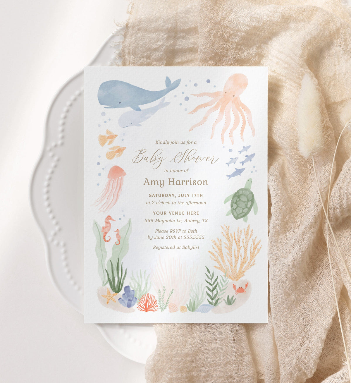 Under the Sea Baby Shower Invitation, Printable Ocean Baby Shower Invite, Whale Invitation Template, DIGITAL DOWNLOAD