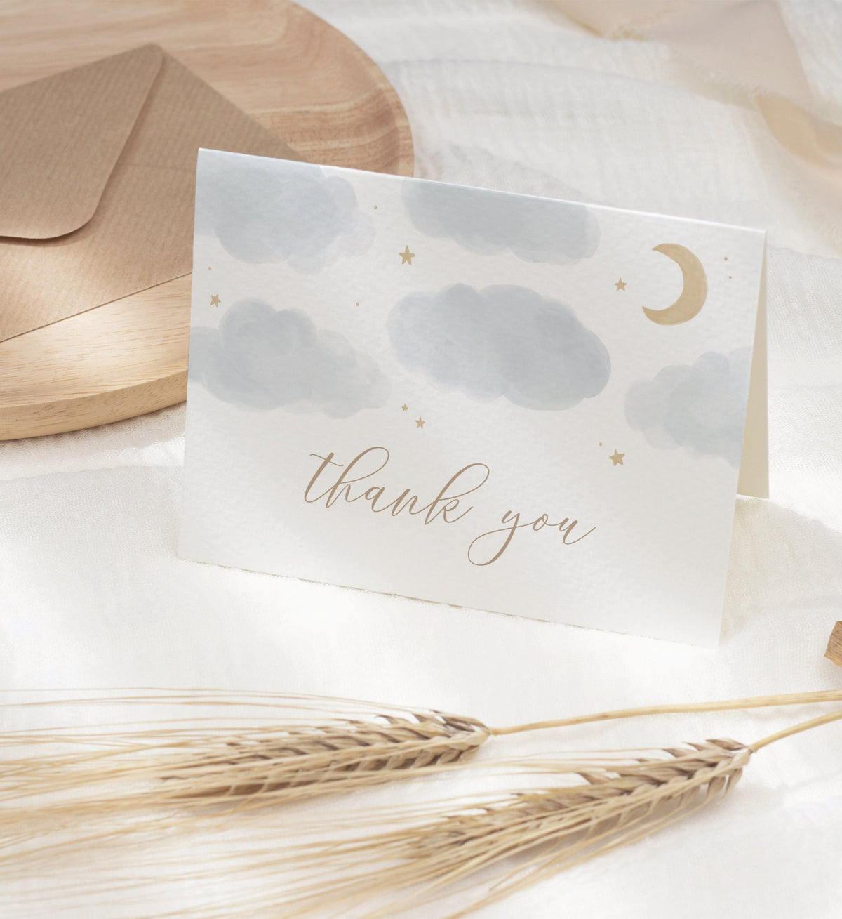 Editable Moon and Stars Baby Shower Thank You Card Template, Printable Folded Thank You Card, DIGITAL DOWNLOAD