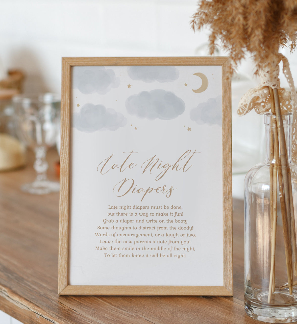 Late Night Diapers Moon and Stars Baby Shower Sign, Printable Over the Moon Baby Shower Game, DIGITAL DOWNLOAD