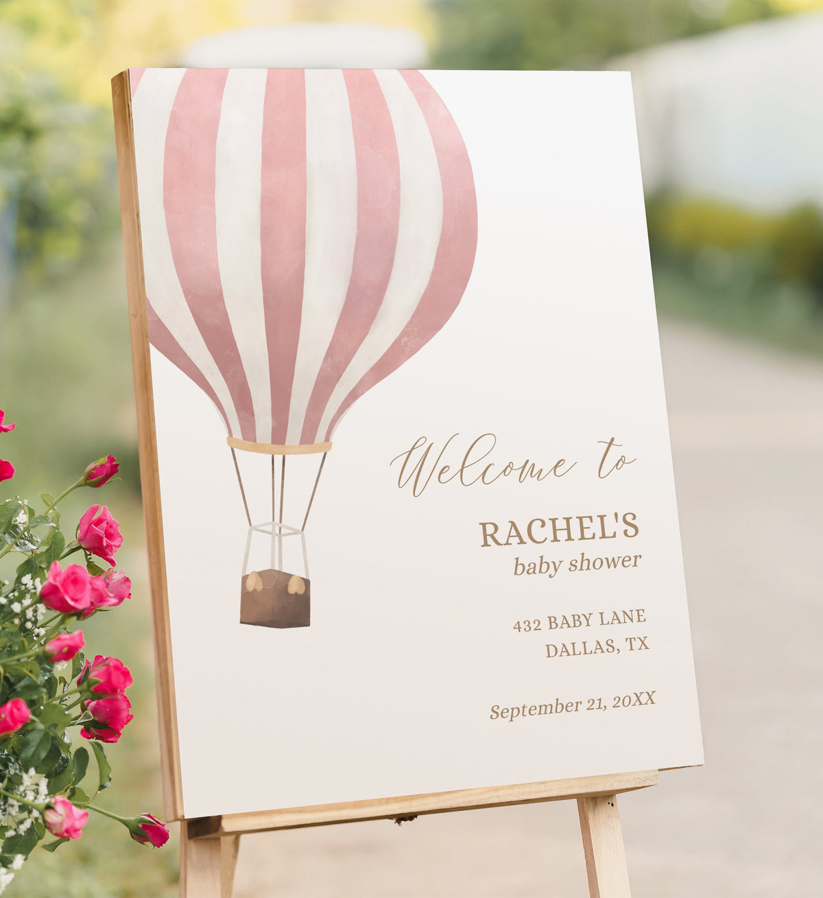 Pink Hot Air Balloon Baby Shower Welcome Sign, Girl Baby Shower Welcome Sign Template, Adventure Awaits, DIGITAL DOWNLOAD