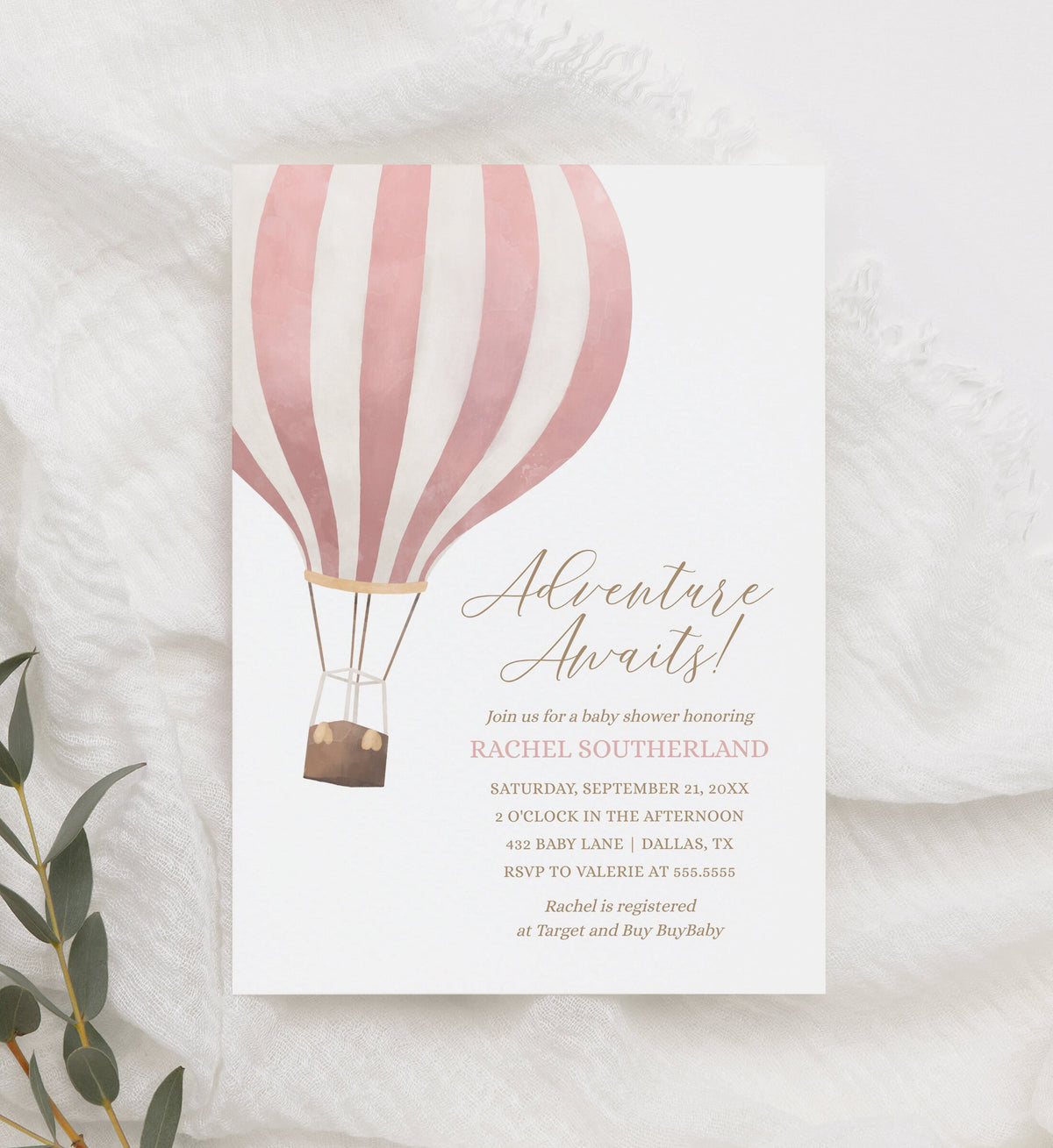 Pink Hot Air Balloon Baby Shower Invitation, Girl Baby Shower Invite, Adventure Awaits, Printable Invitation Template, DIGITAL DOWNLOAD