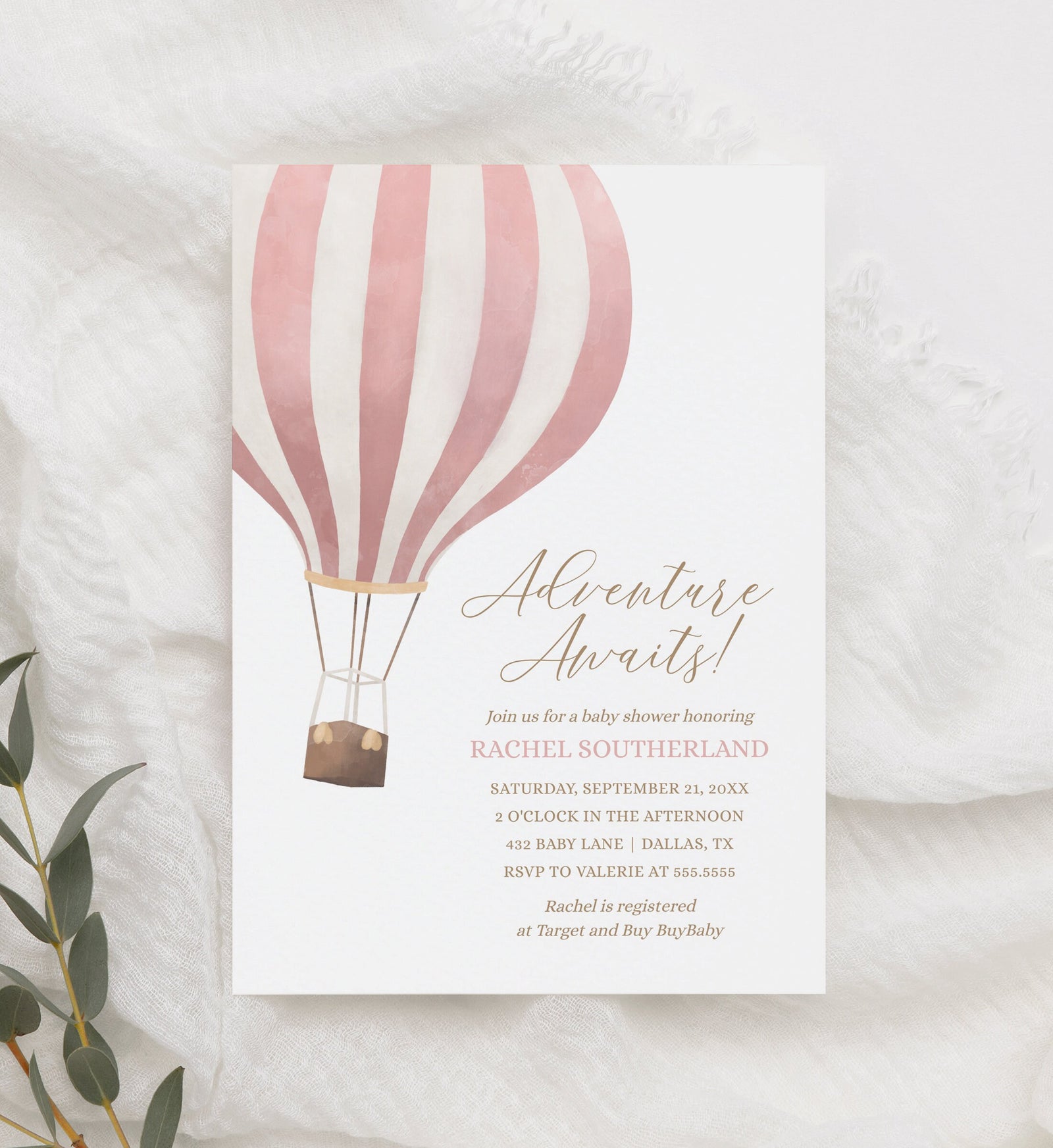 Pink Hot Air Balloon Baby Shower Invitation, Girl Baby Shower Invite, Adventure Awaits, Printable Invitation Template, DIGITAL DOWNLOAD