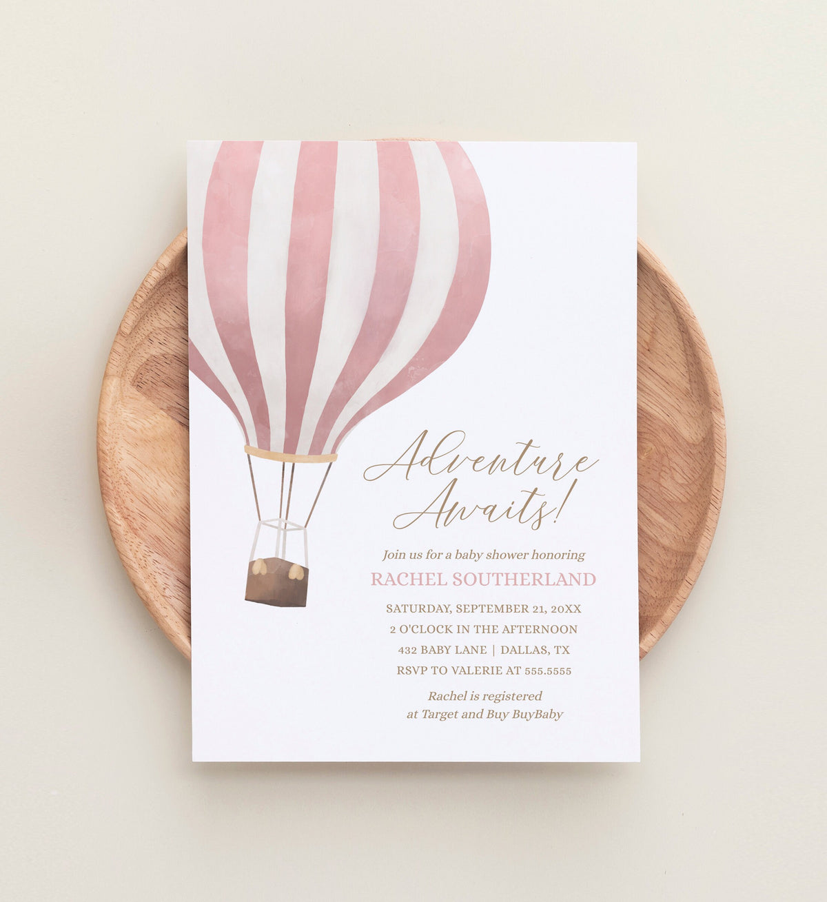 Pink Hot Air Balloon Baby Shower Invitation, Girl Baby Shower Invite, Adventure Awaits, Printable Invitation Template, DIGITAL DOWNLOAD