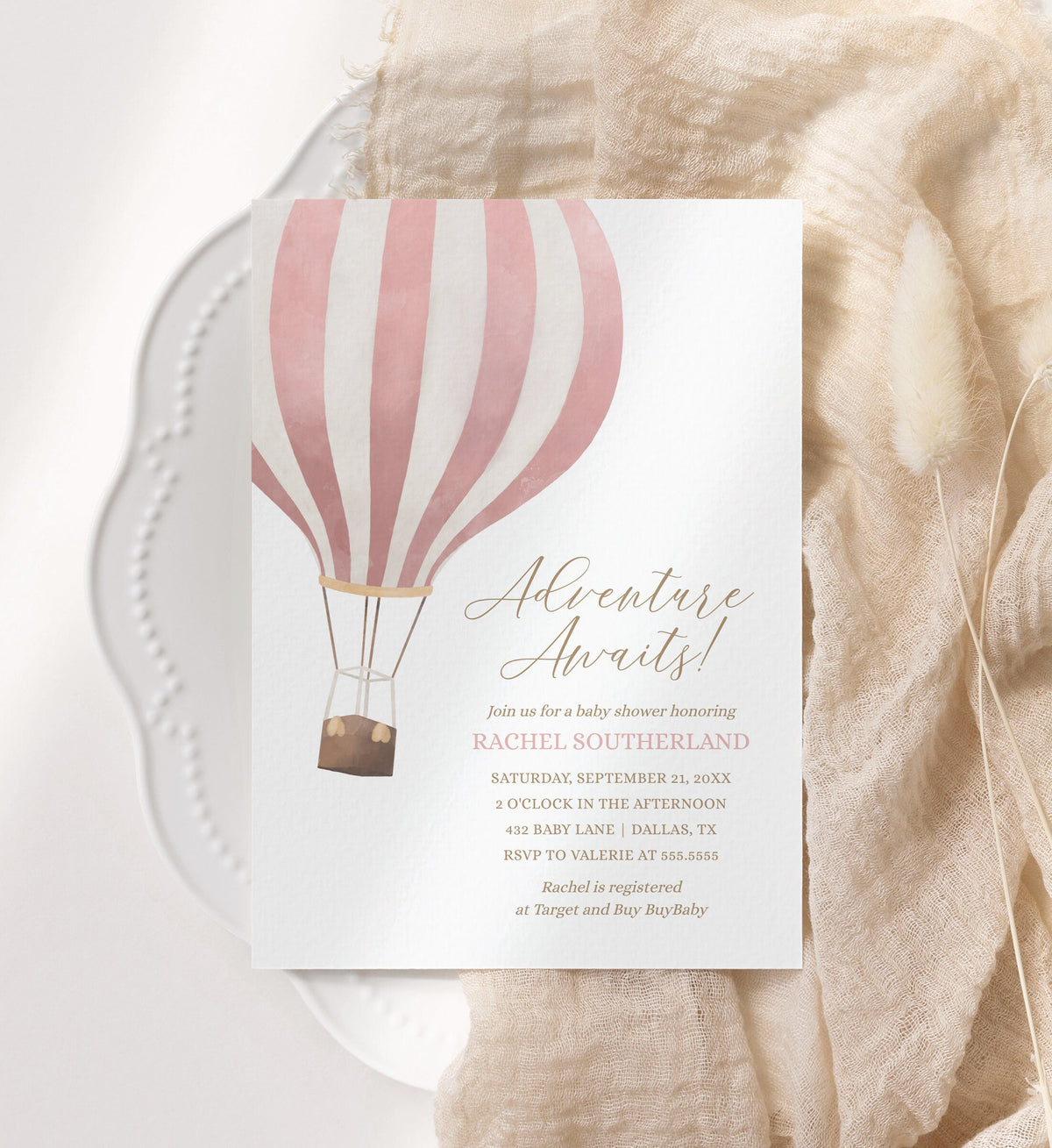 Pink Hot Air Balloon Baby Shower Invitation, Girl Baby Shower Invite, Adventure Awaits, Printable Invitation Template, DIGITAL DOWNLOAD