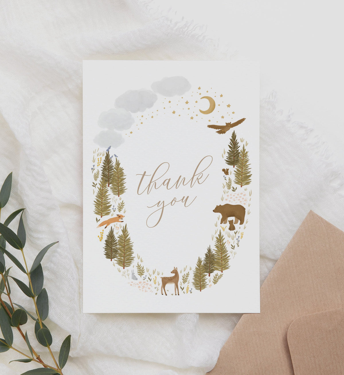 Editable Woodland Baby Shower Thank You Card Template, Printable Folded Thank You Card, DIGITAL DOWNLOAD