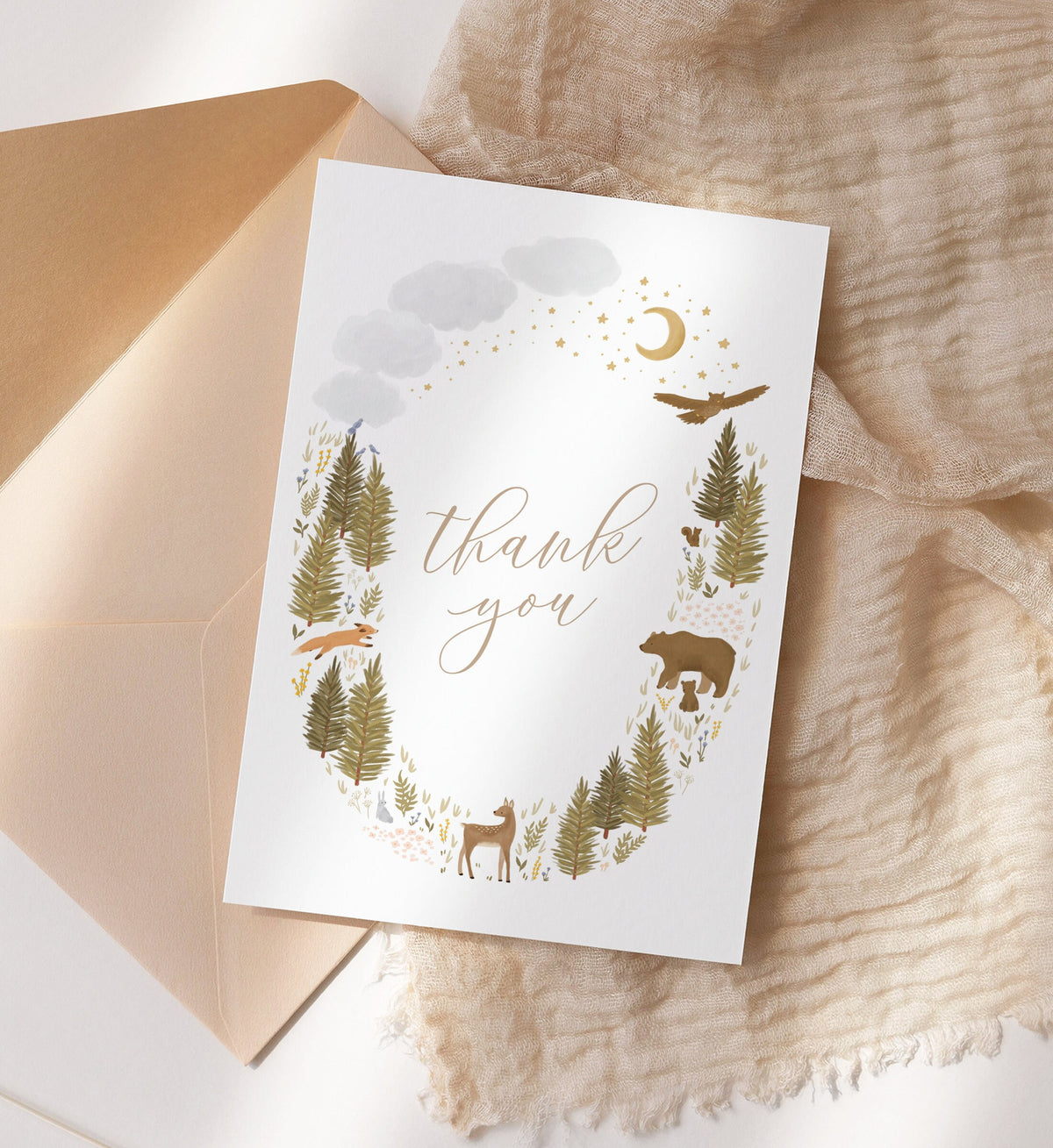 Editable Woodland Baby Shower Thank You Card Template, Printable Folded Thank You Card, DIGITAL DOWNLOAD
