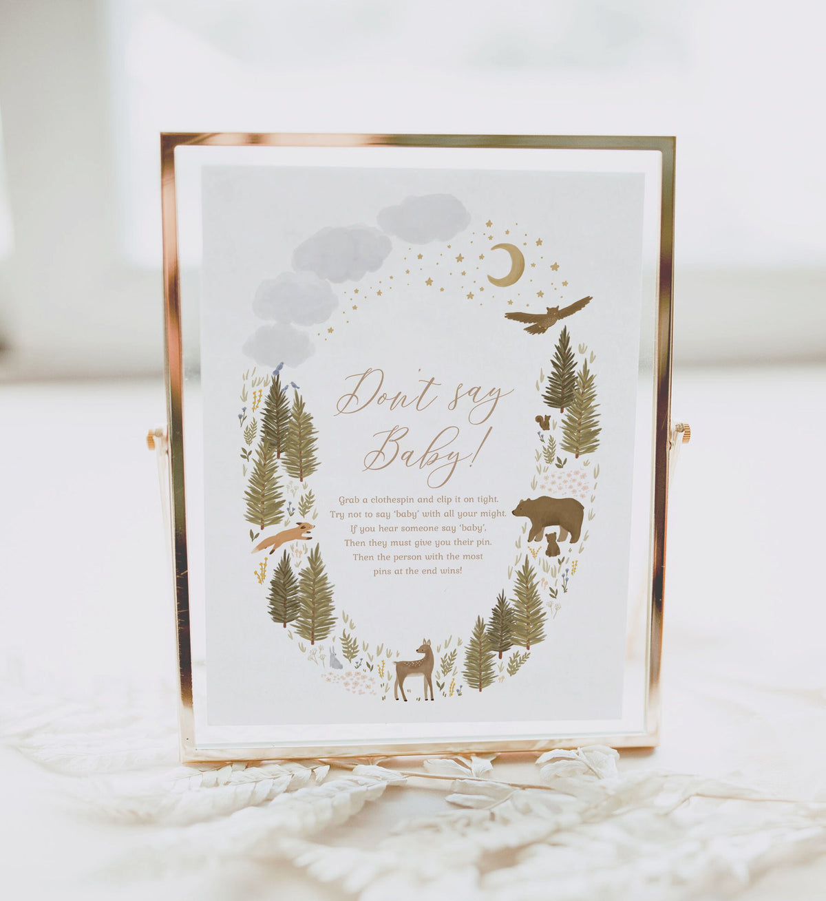 Don&#39;t Say Baby Woodland Baby Shower Sign, Printable Woodland Baby Shower Game, Baby Shower Activity, DIGITAL DOWNLOAD