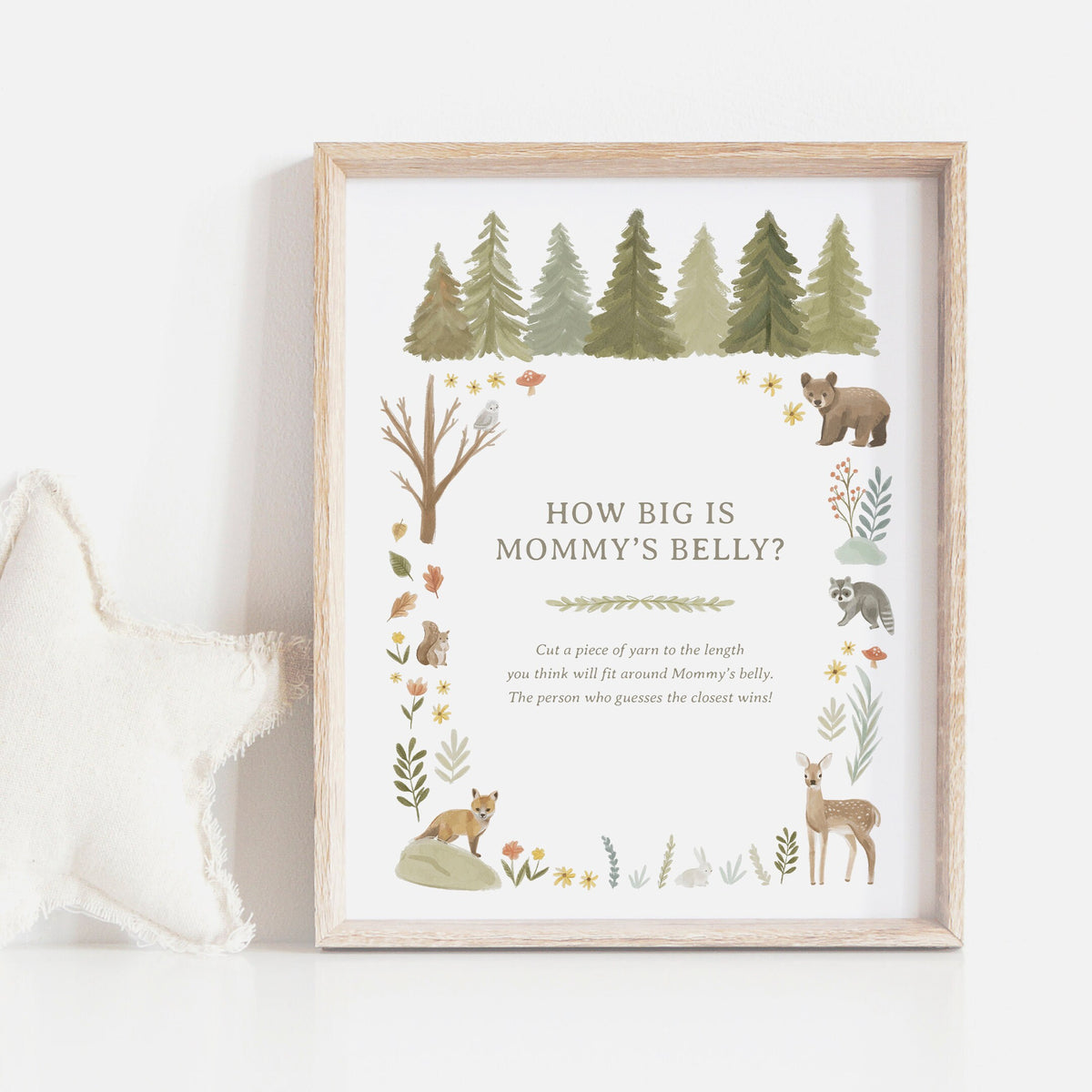 How Big is Mommy&#39;s Belly Woodland Baby Shower Sign, Printable Woodland Baby Shower Game, Baby Shower Activity, DIGITAL DOWNLOAD