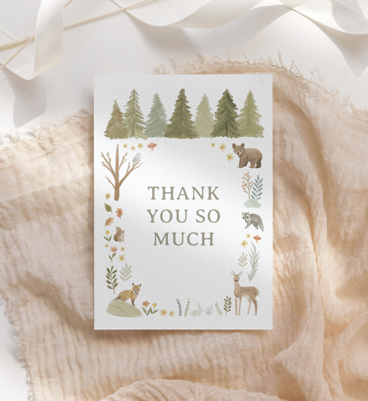 Editable Woodland Baby Shower Thank You Card Template, Printable Folded Thank You Card, DIGITAL DOWNLOAD